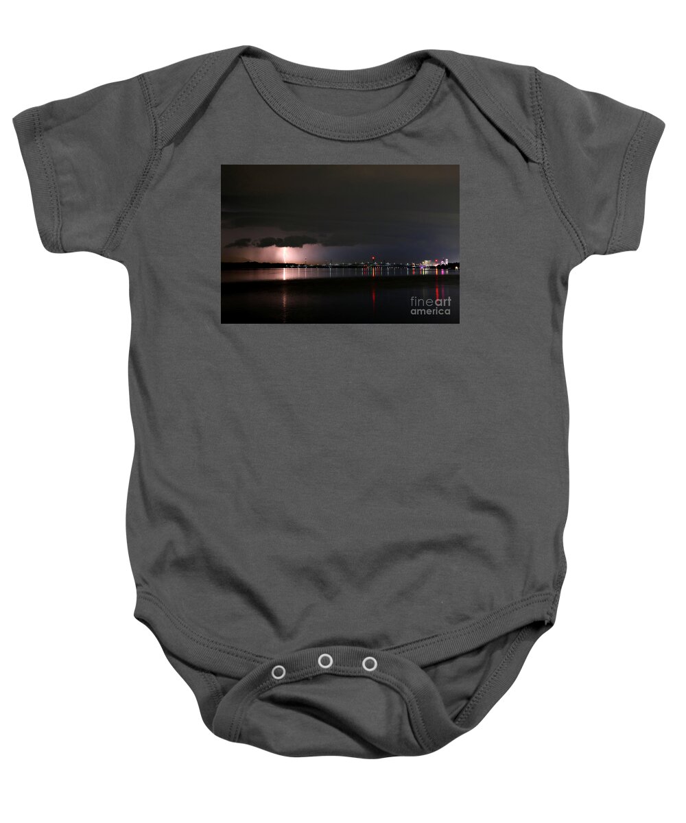 Lightning Strike Baby Onesie featuring the photograph Lightning In The Night Sky by Sheila Lee