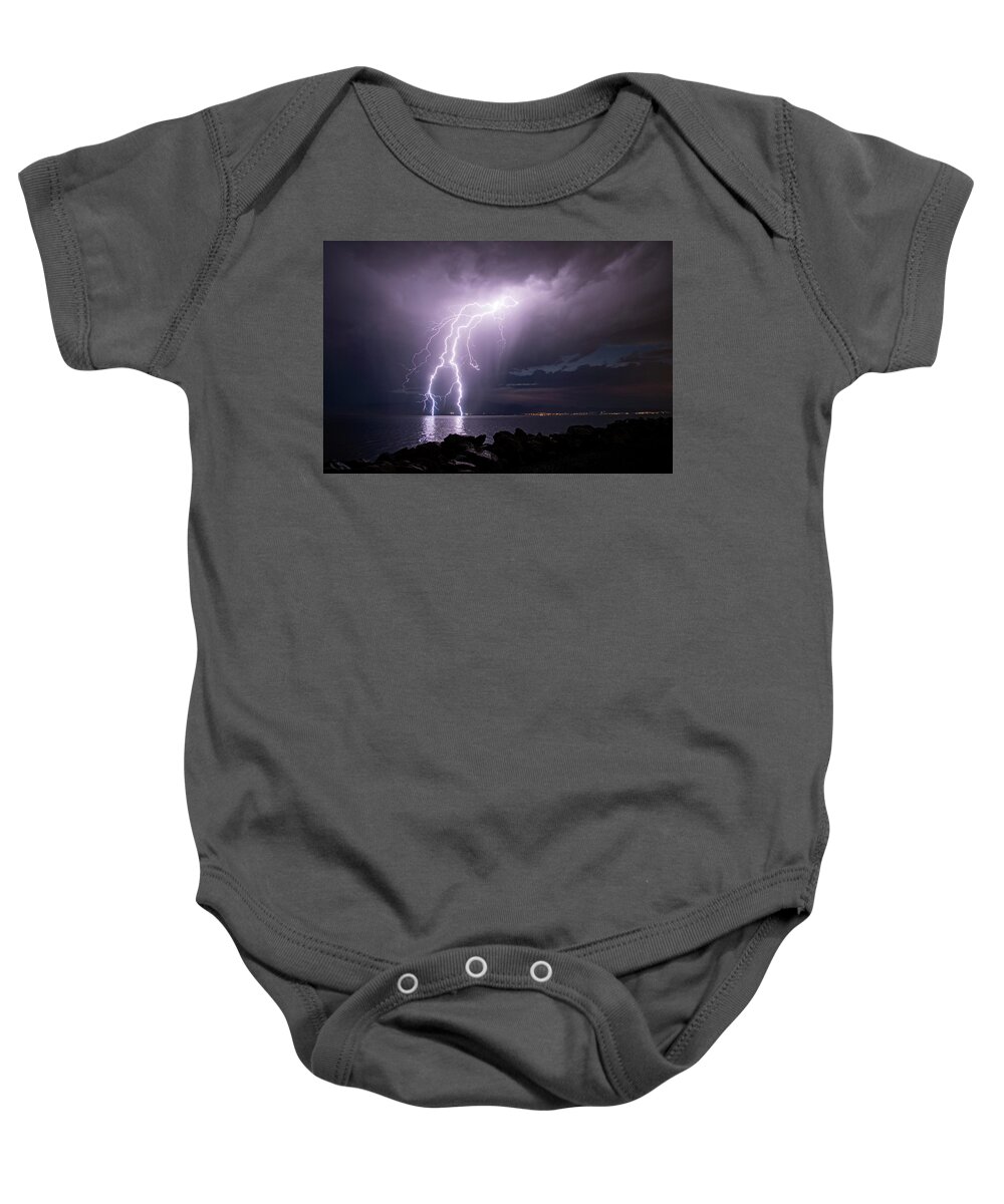 Storm Baby Onesie featuring the photograph Lightning Man by Wesley Aston