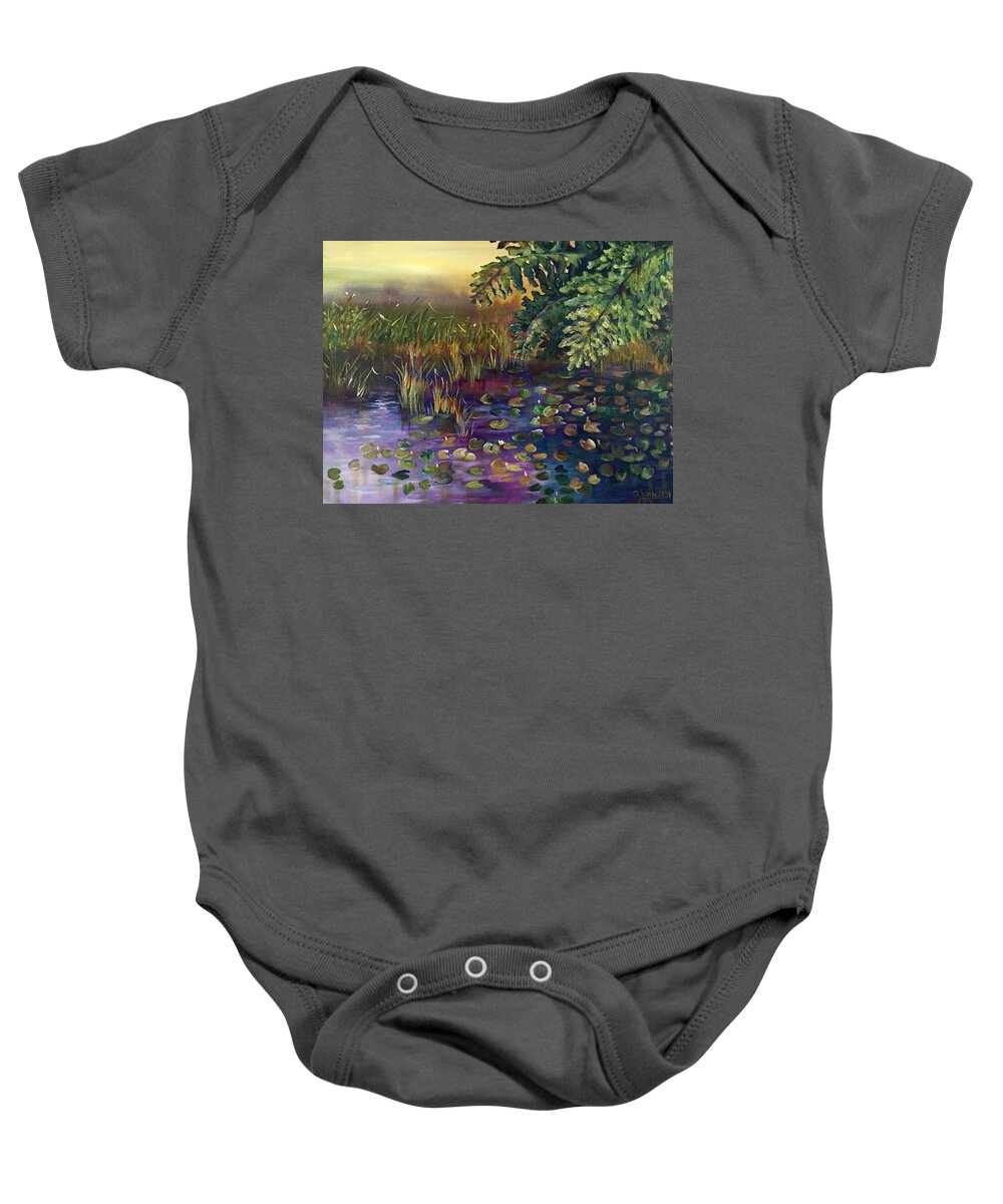 Scene Baby Onesie featuring the painting Lily Pads in the Pond by Barbara Landry