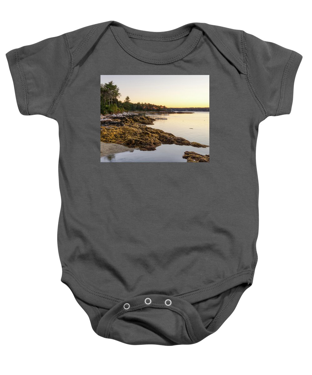 Boothbay Baby Onesie featuring the photograph Linekin Bay Coastline at Dawn by Donna Twiford