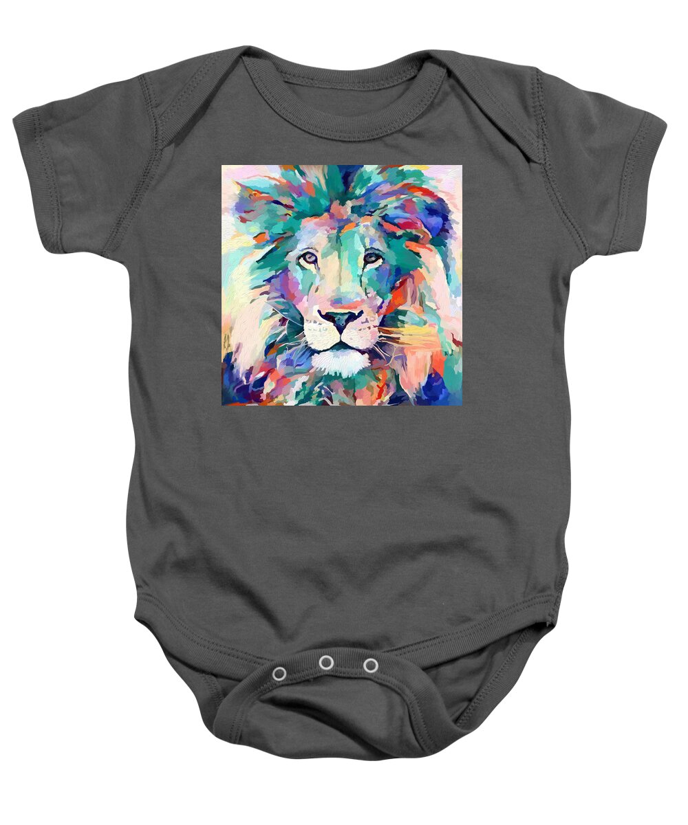 Lion Baby Onesie featuring the mixed media Lion Lion by Ann Leech