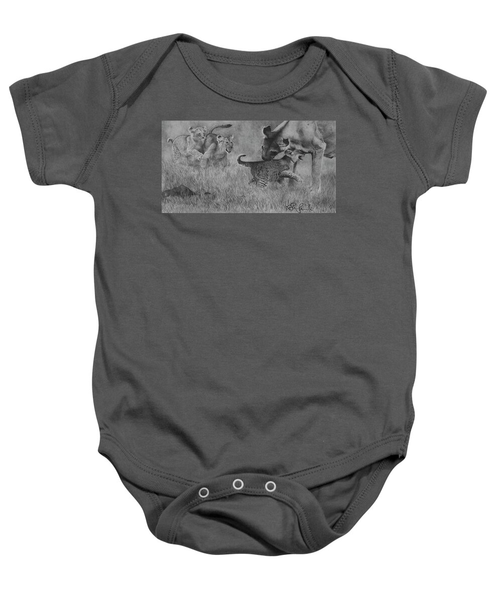 Lion Baby Onesie featuring the drawing Lion Lioness and Cubs by Steve Somerville