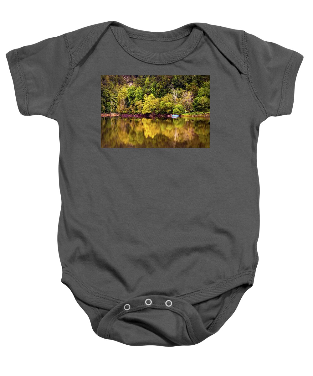 Boats Baby Onesie featuring the photograph LIttle Blue Boat Reflections by Debra and Dave Vanderlaan