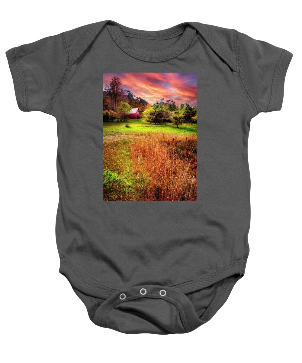 Barns Baby Onesie featuring the photograph Little Red Barn in the Countryside by Debra and Dave Vanderlaan