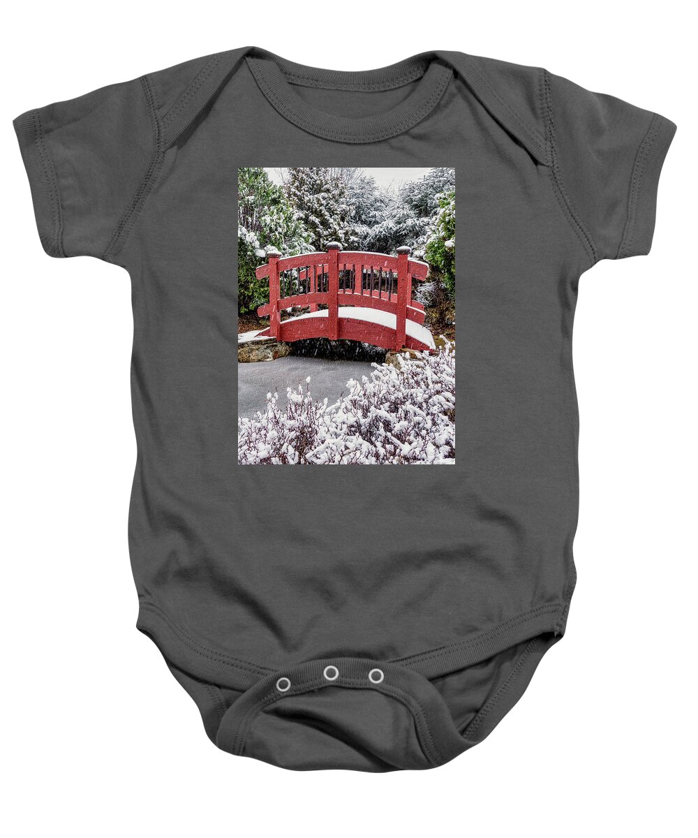 Bridge Baby Onesie featuring the photograph Little Red Bridge In The Snow by Jennifer White