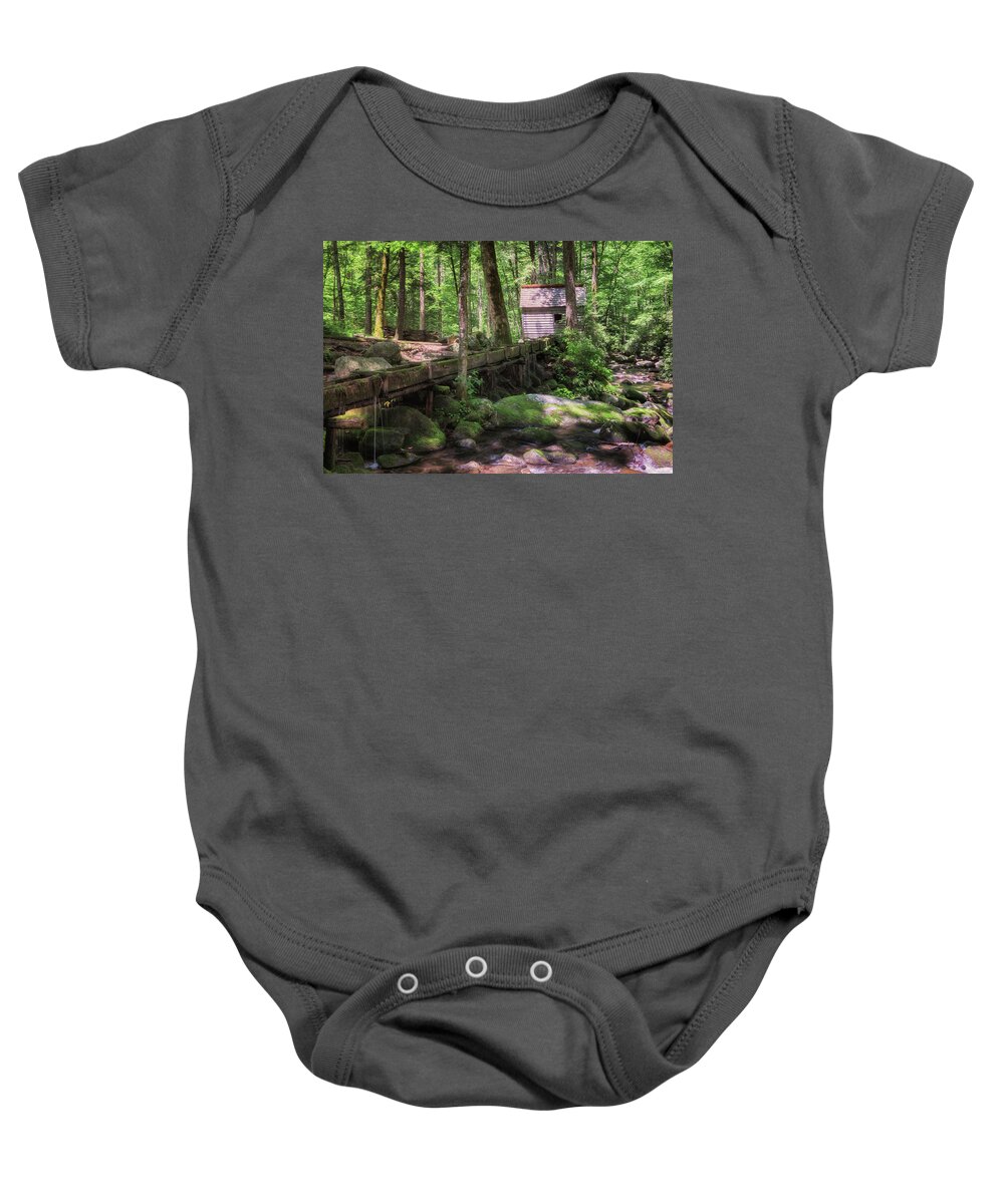 Reagan’s Tub Mill Baby Onesie featuring the photograph Little Tub Mill on Roaring Fork - Smoky Mountains by Susan Rissi Tregoning
