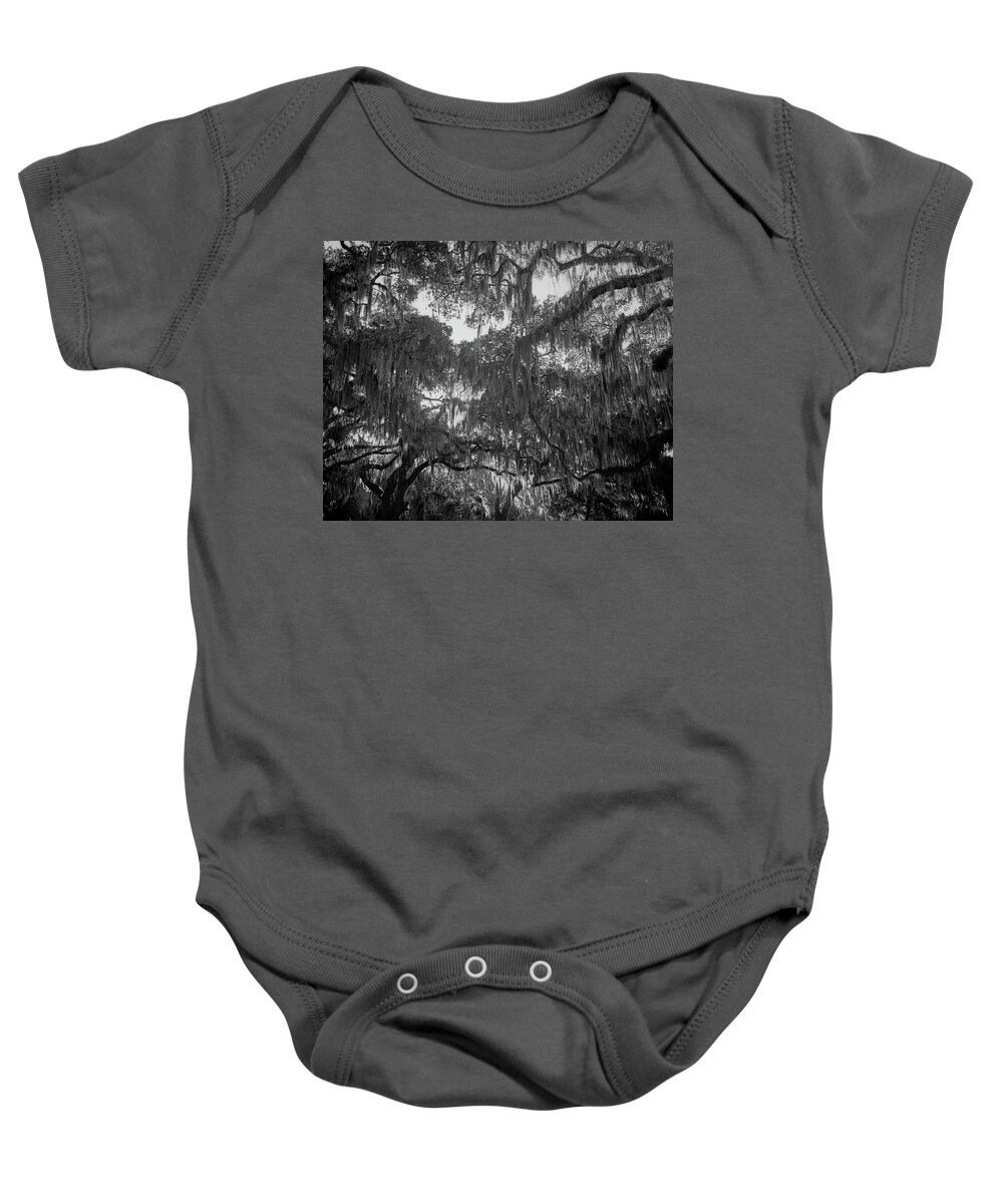 Gascoigne Bluff Baby Onesie featuring the photograph Live Oaks and Spanish Moss at Gascoigne Bluff, St. Simons Island by John Simmons