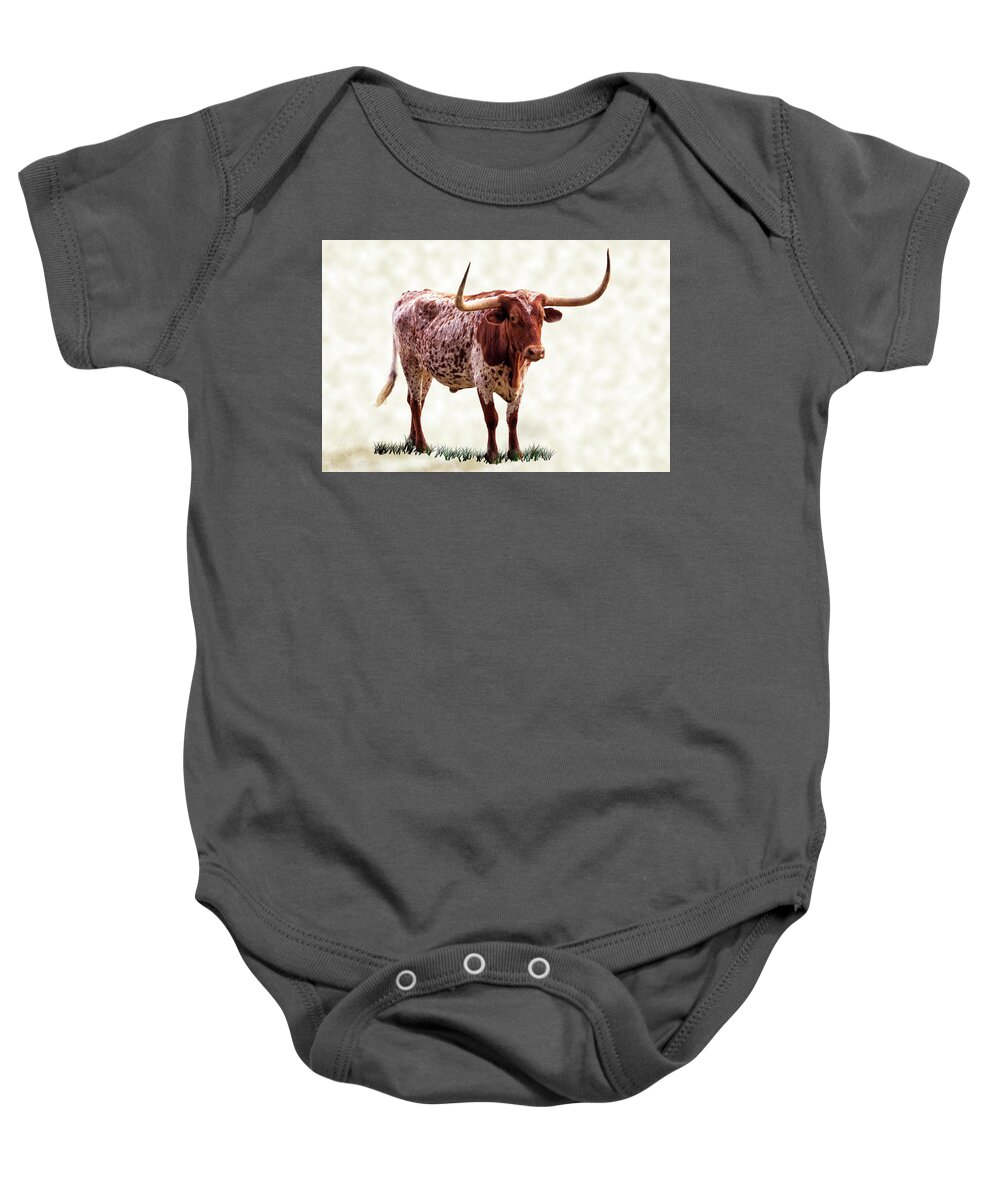 Longhorn Baby Onesie featuring the photograph Longhorn With Points Up Tan Texture by James Eddy