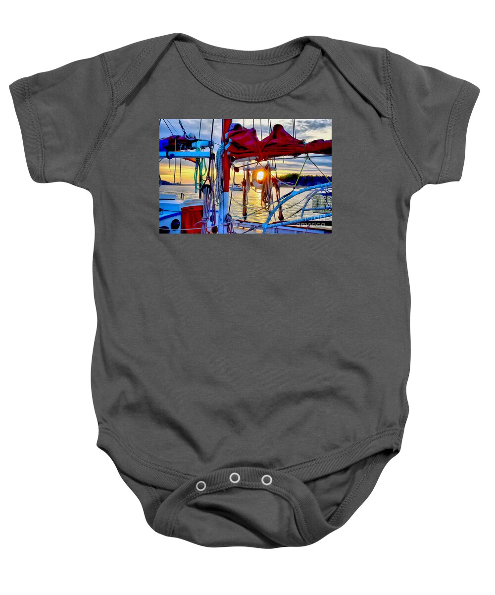 Sunset Baby Onesie featuring the photograph Lopez Sunset Through the Lifebuoy by Sea Change Vibes