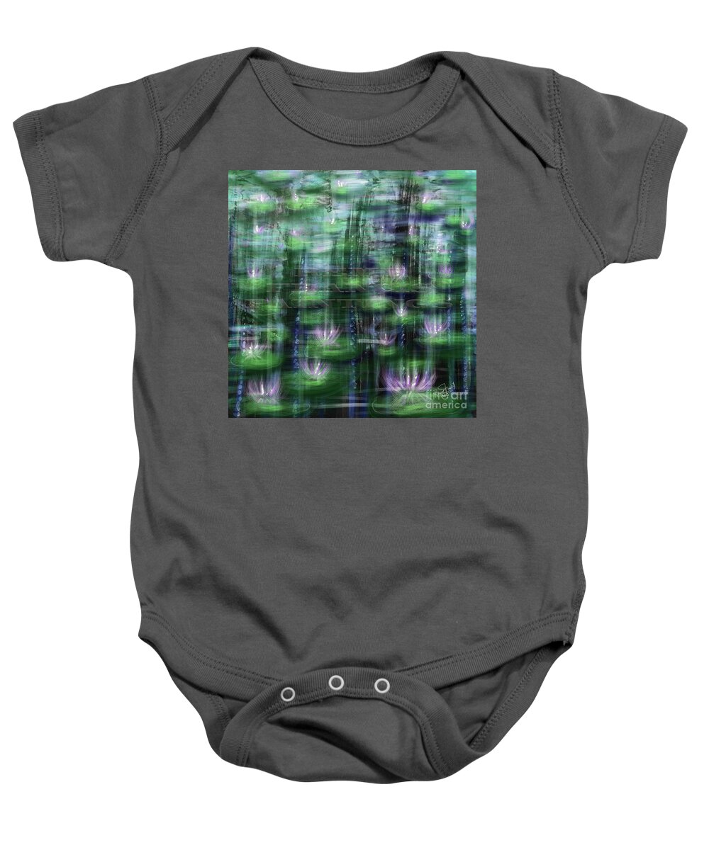 Tranquil Painting Baby Onesie featuring the painting Lotus Field Tranquil Painting by Remy Francis