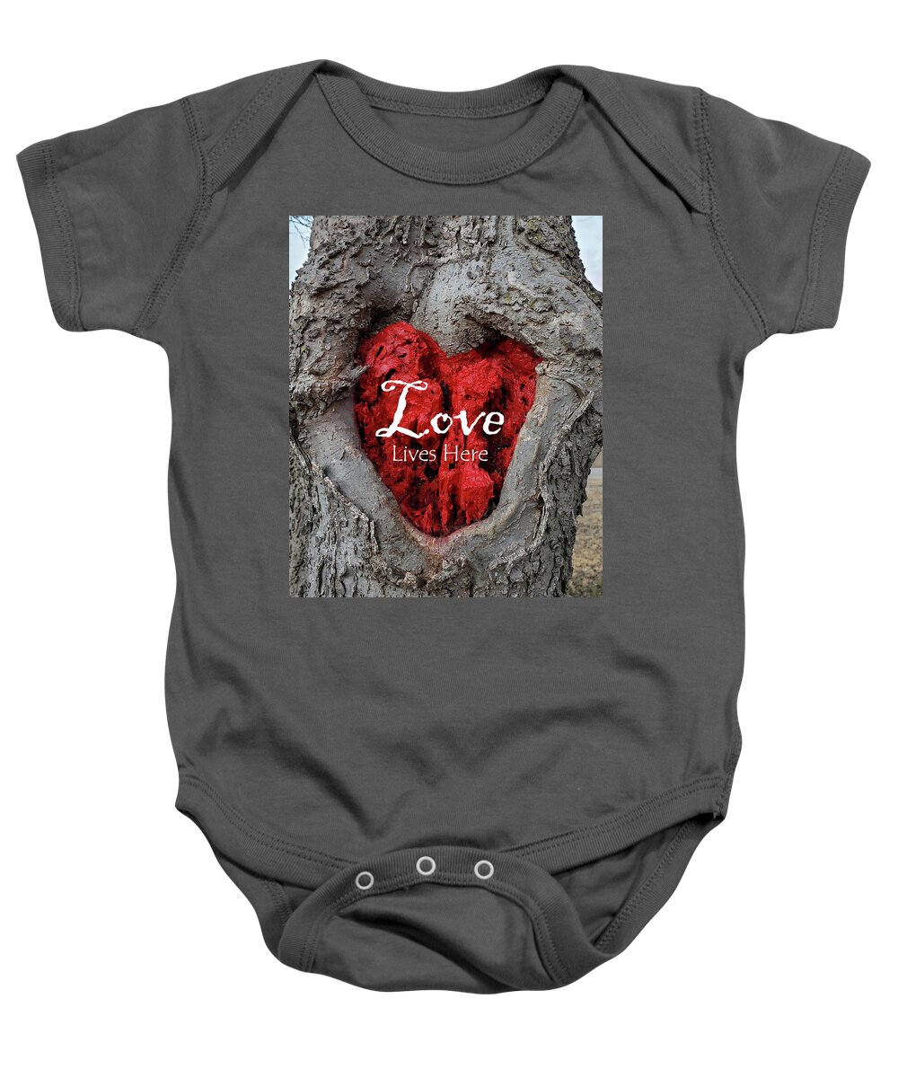 Love Baby Onesie featuring the photograph LOVE LIVES HERE Red Heart In a Tree by Lynnie Lang