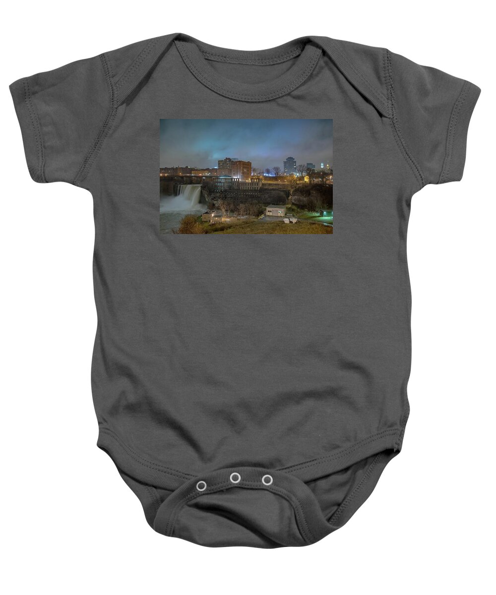 Waterfall Baby Onesie featuring the photograph Low Clouds over High Falls by Guy Coniglio