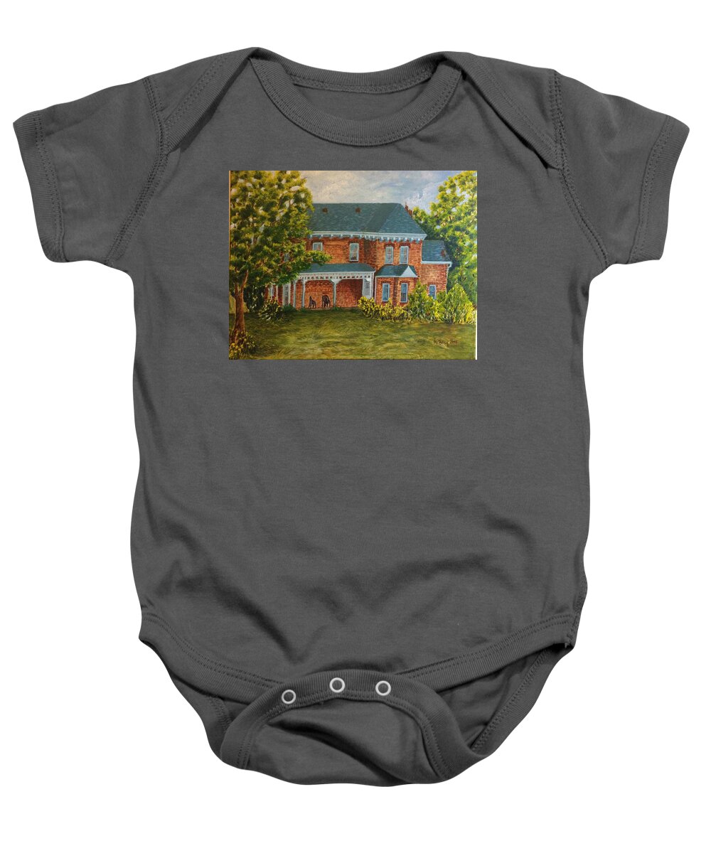 Lucy Maud Montgomery's Home Baby Onesie featuring the painting Lucy Maud Montgomery's home in Norval, Georgetown, ON by Milly Tseng
