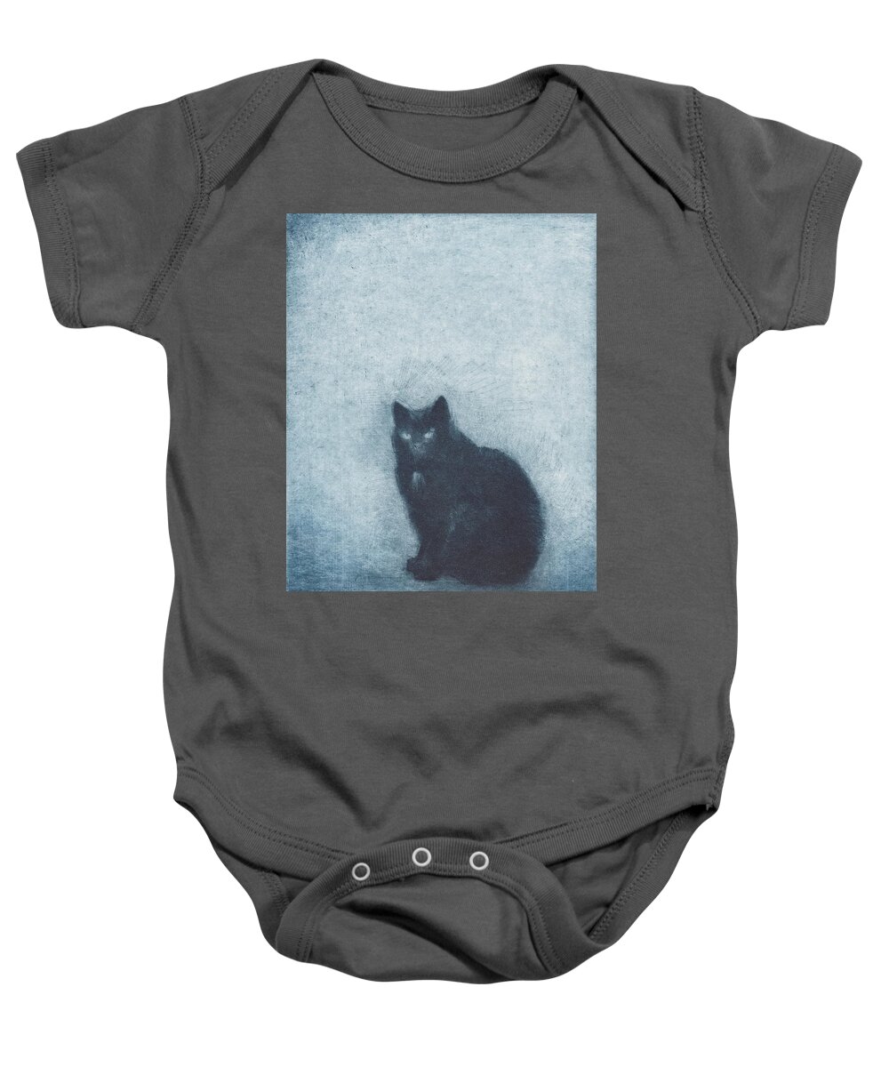 Cat Baby Onesie featuring the drawing Madame Escudier - etching by David Ladmore