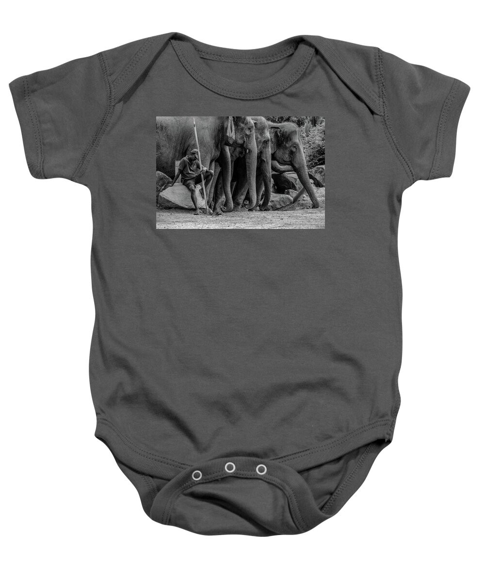 Elephant Baby Onesie featuring the photograph Mahout and the Elephants by Arj Munoz
