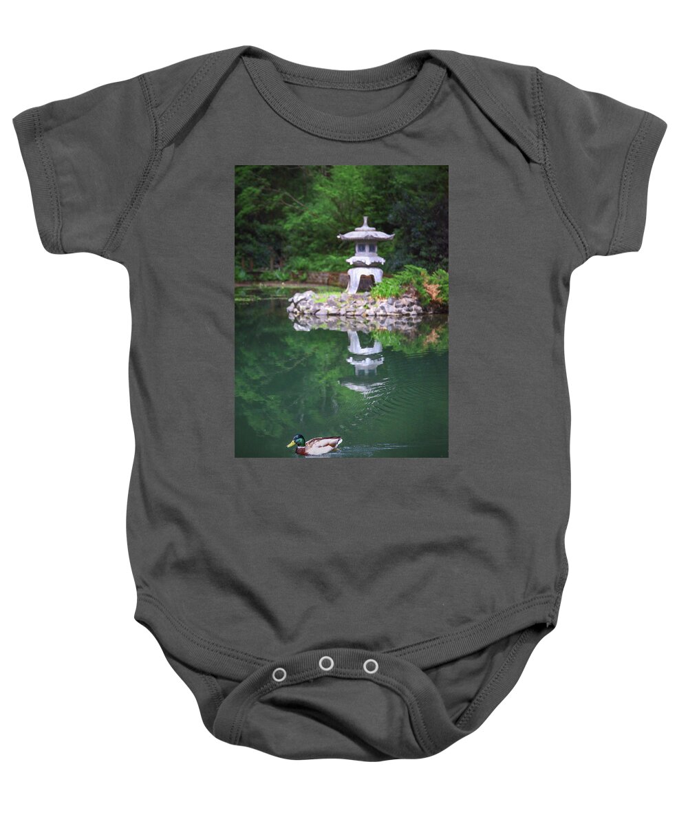 Pond Baby Onesie featuring the photograph Mallard and Pagoda Pond Reflections by Sally Bauer