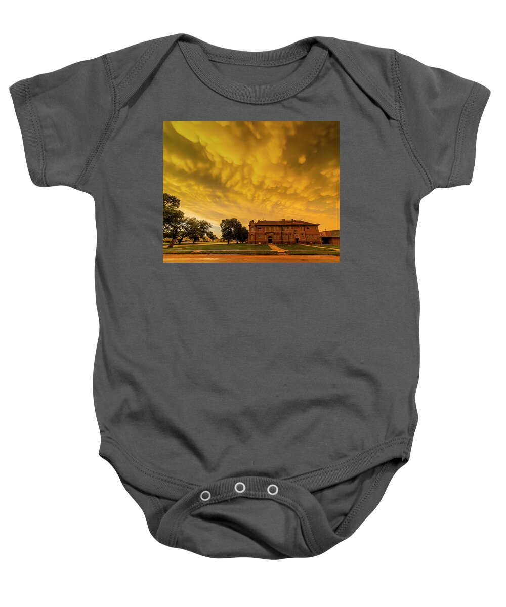 Clouds Baby Onesie featuring the photograph Mammatus Clouds over Chester School Building by Art Whitton