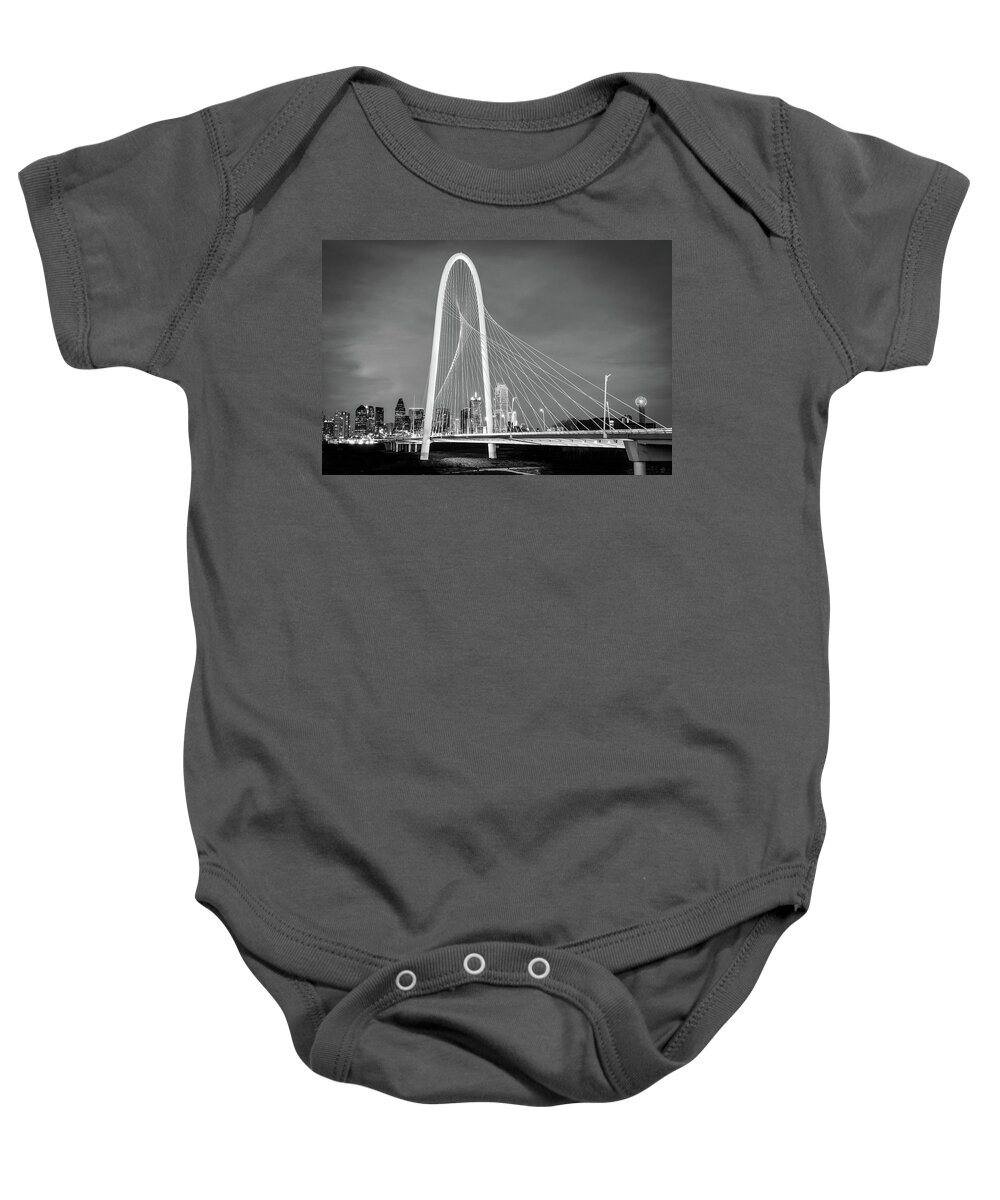 Dallas Texas Baby Onesie featuring the photograph Margaret Hunt Hill Bridge Black and White by Robert Bellomy