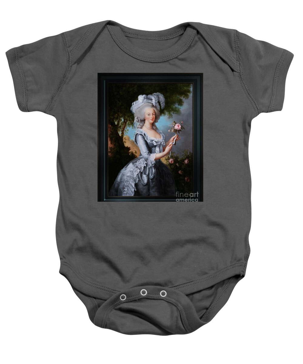 Marie Antoinette With A Rose Baby Onesie featuring the painting Marie Antoinette with a Rose by Elisabeth-Louise Vigee Le Brun Remastered Xzendor7 Reproductions by Xzendor7