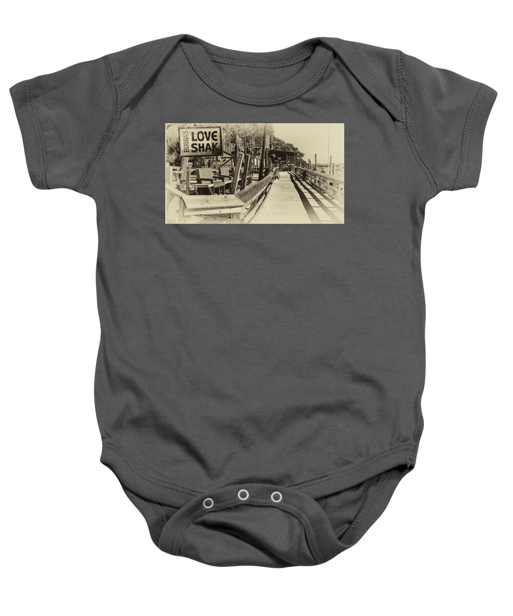 Murrells Inlet Baby Onesie featuring the photograph Marshwalk Sepia by Bill Barber