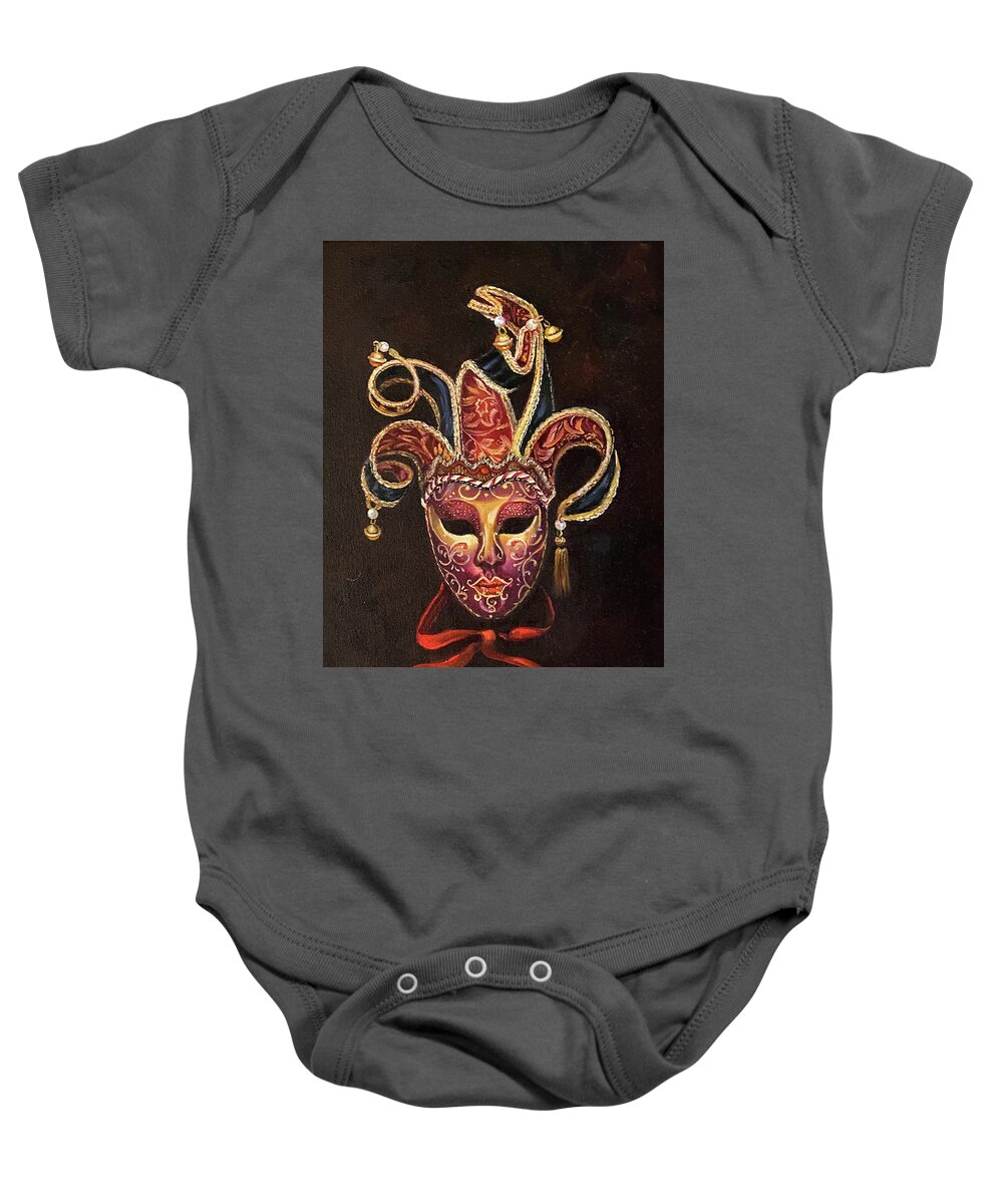 Mask Baby Onesie featuring the painting Masqurade by Judy Rixom