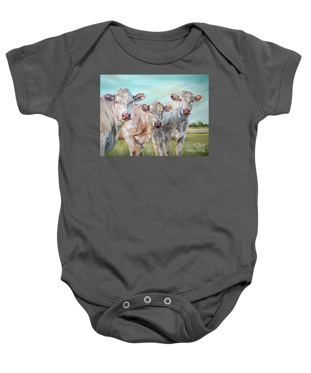 Cow Baby Onesie featuring the painting Mavis in the Middle - 3 Cows Painting by Annie Troe