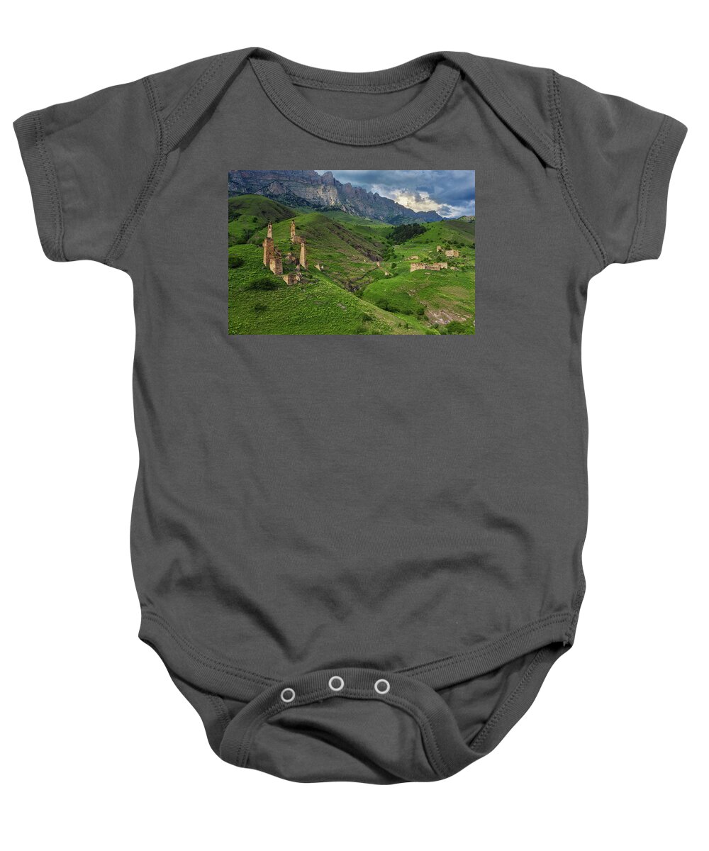 Tower Baby Onesie featuring the photograph Medieval tower complex in mountains by Mikhail Kokhanchikov