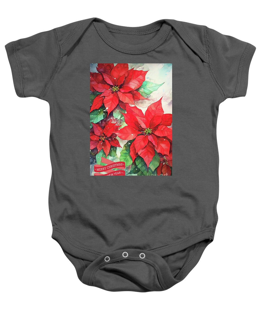 Merry Christmas Baby Onesie featuring the painting Merry Christmas Poinsettia Flowers by Tina LeCour