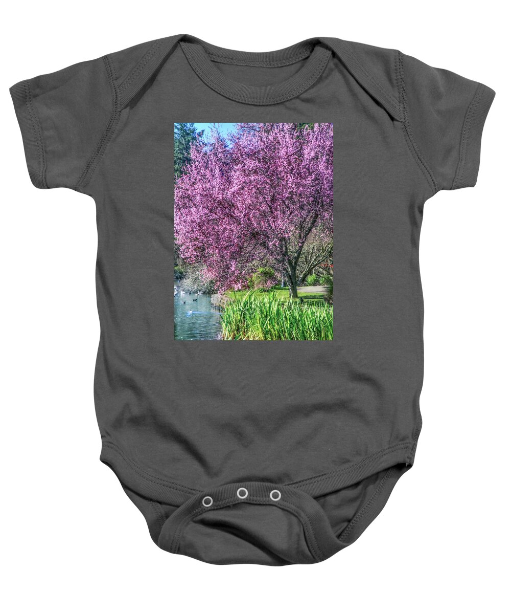 Plum Tree Baby Onesie featuring the photograph Mingus Park and Plum Tree Blossoms by Sally Bauer