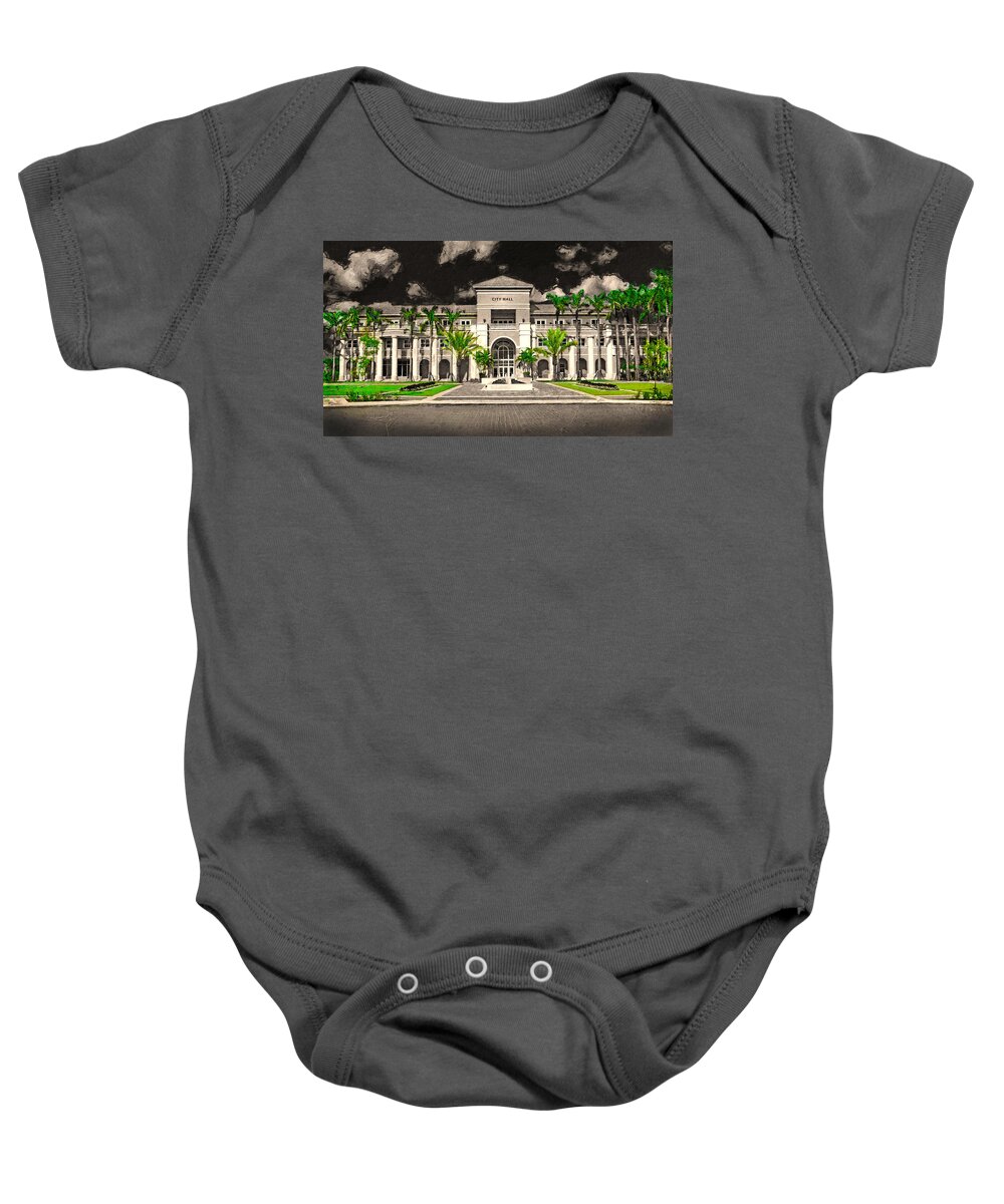 Miramar City Hall Baby Onesie featuring the digital art Miramar city hall building in black and white with the green of the vegetation isolated by Nicko Prints