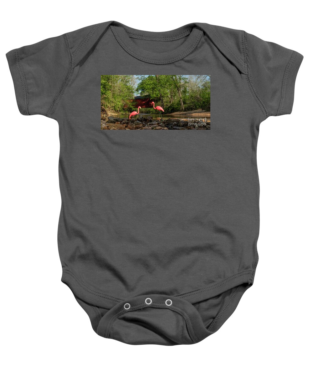 Miss And Sippi Baby Onesie featuring the photograph Missi and Sippi at Sandy Creek Covered Bridge by Garry McMichael