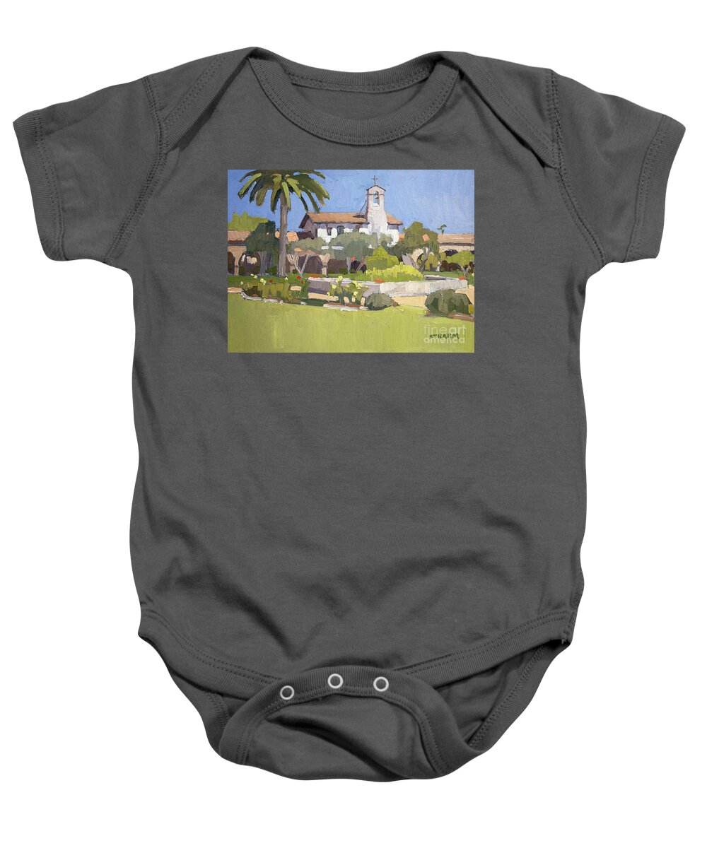 Mission Baby Onesie featuring the painting Mission Fountain and Courtyard - Mission San Juan Capistrano, California by Paul Strahm