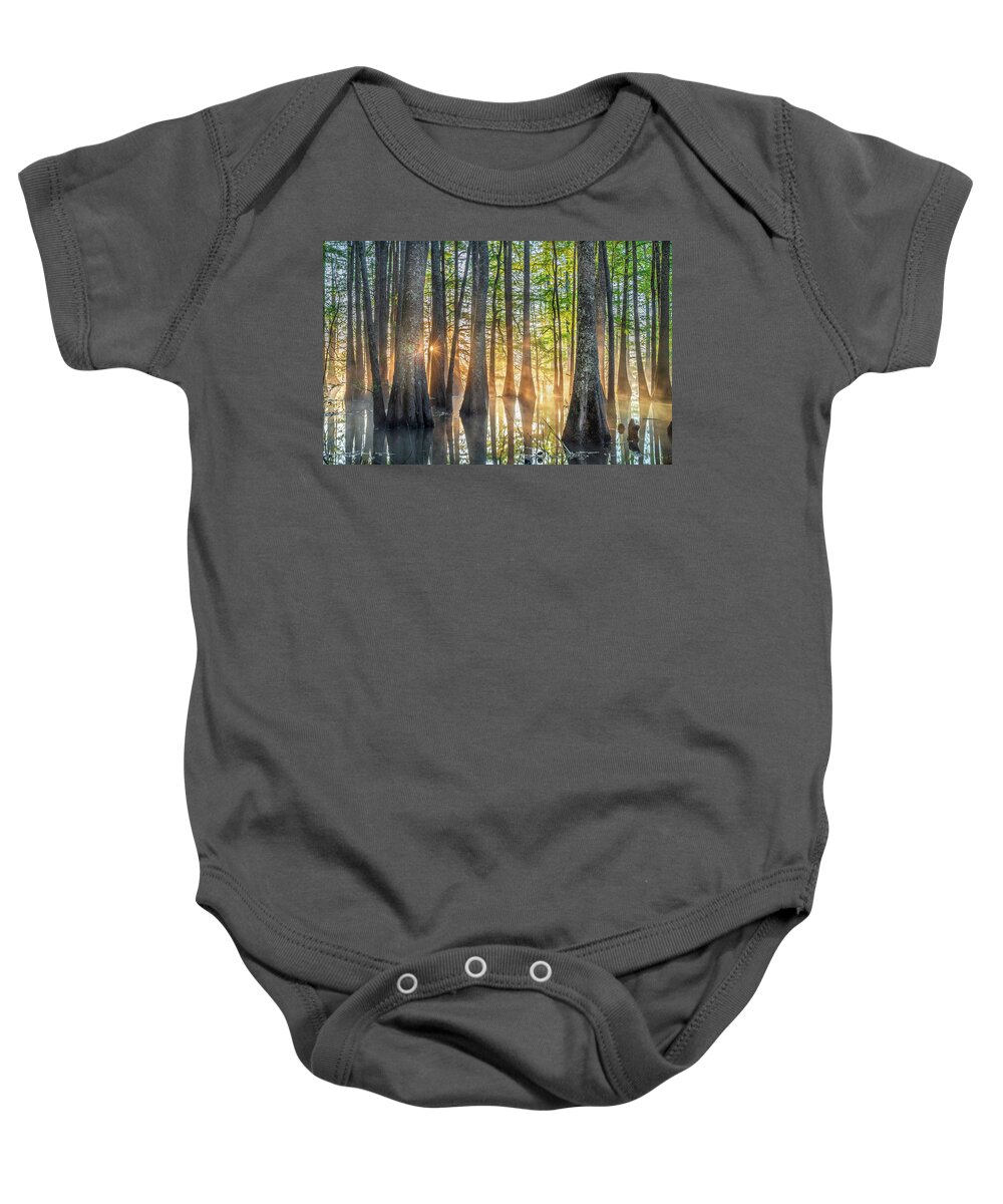 Noxubee National Wildlife Refuge Baby Onesie featuring the photograph Mississippi Cypress Tree Sunrise In Morning Fog by Jordan Hill