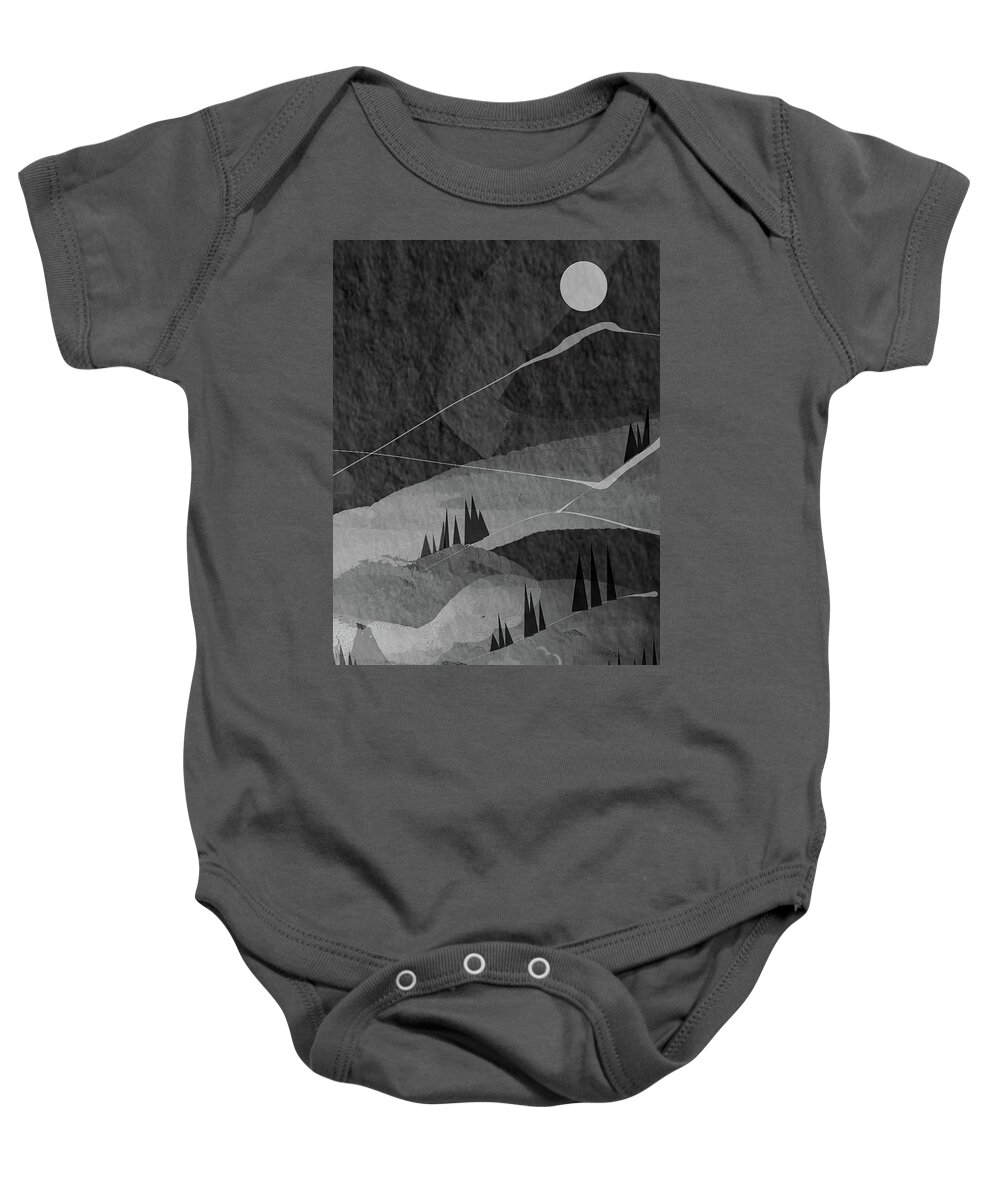 Black Modern Art Baby Onesie featuring the painting Misty Mountain Modern Art - Black and Gray Modern Abstract Art by Lourry Legarde