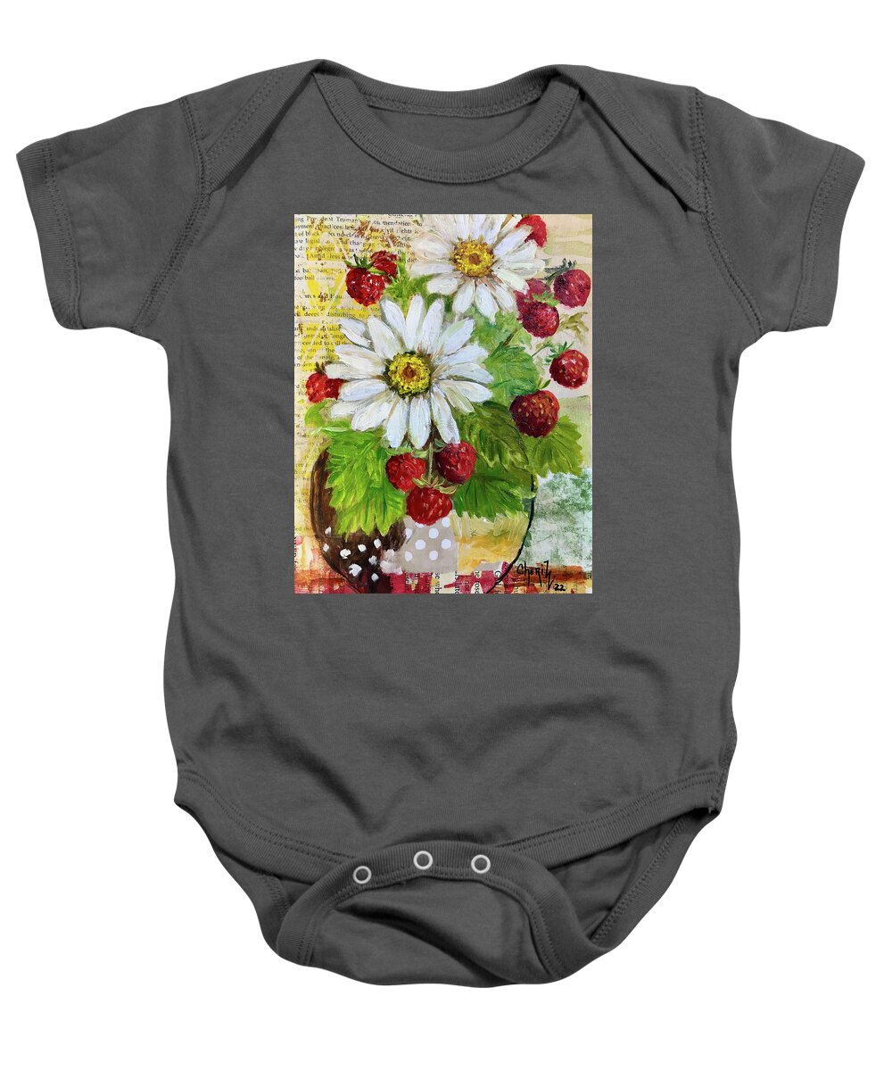 Strawberry Painting Baby Onesie featuring the painting Mixed Media Daisies And Strawberries by Cheri Wollenberg