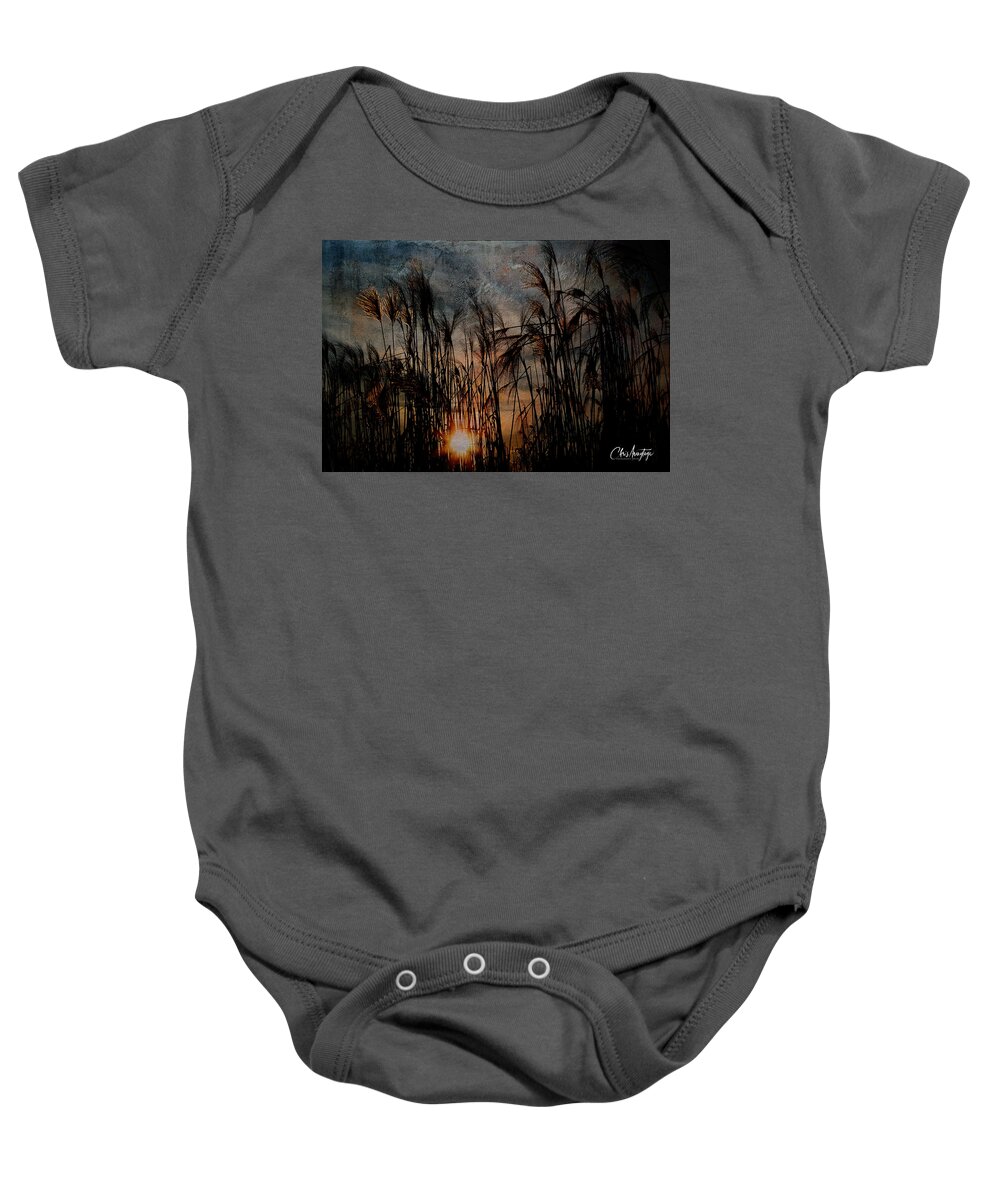 Dark Silhouetted Reeds Baby Onesie featuring the digital art Moody Sunset on the Lake by Chris Armytage