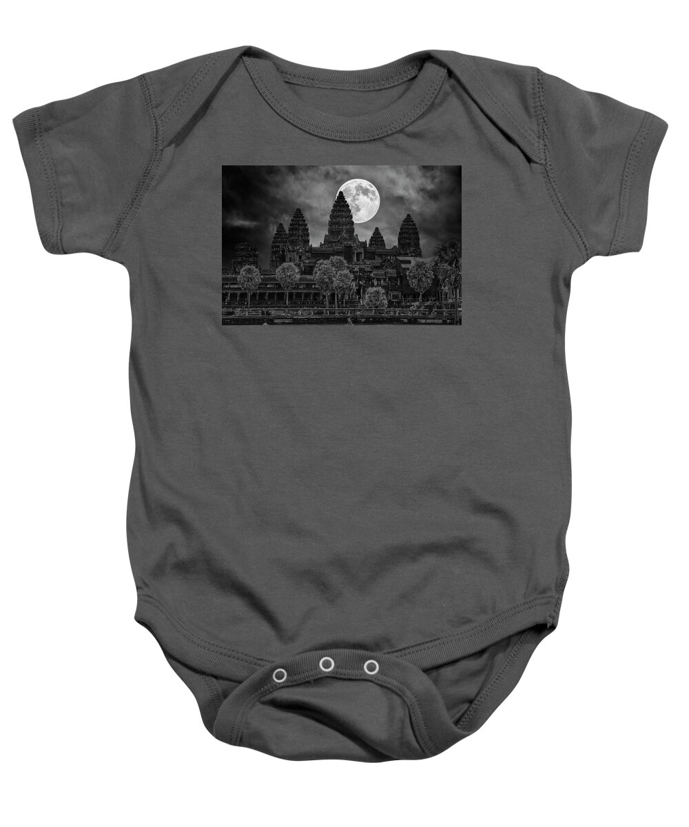 Cambodia Baby Onesie featuring the photograph Moon Over Angkor Wat Temples Black White by Chuck Kuhn