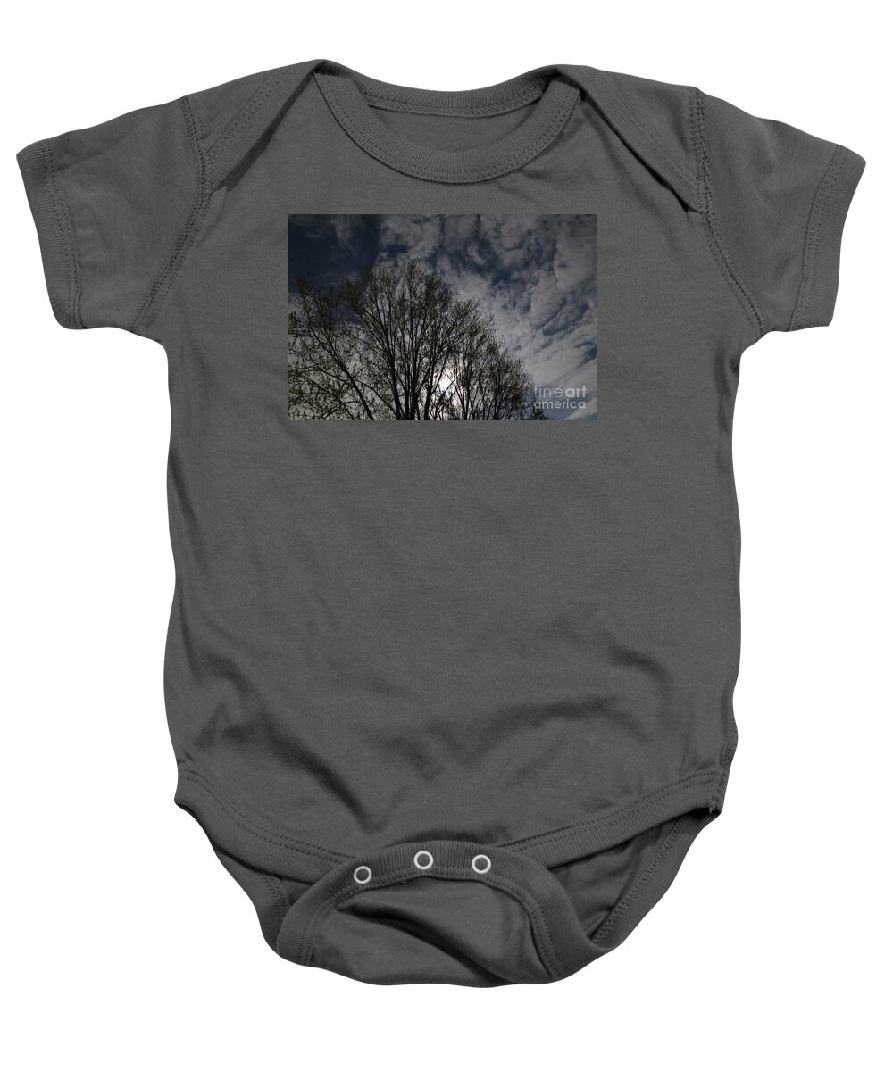 Treetops Baby Onesie featuring the photograph Moon Arising by Ann Horn