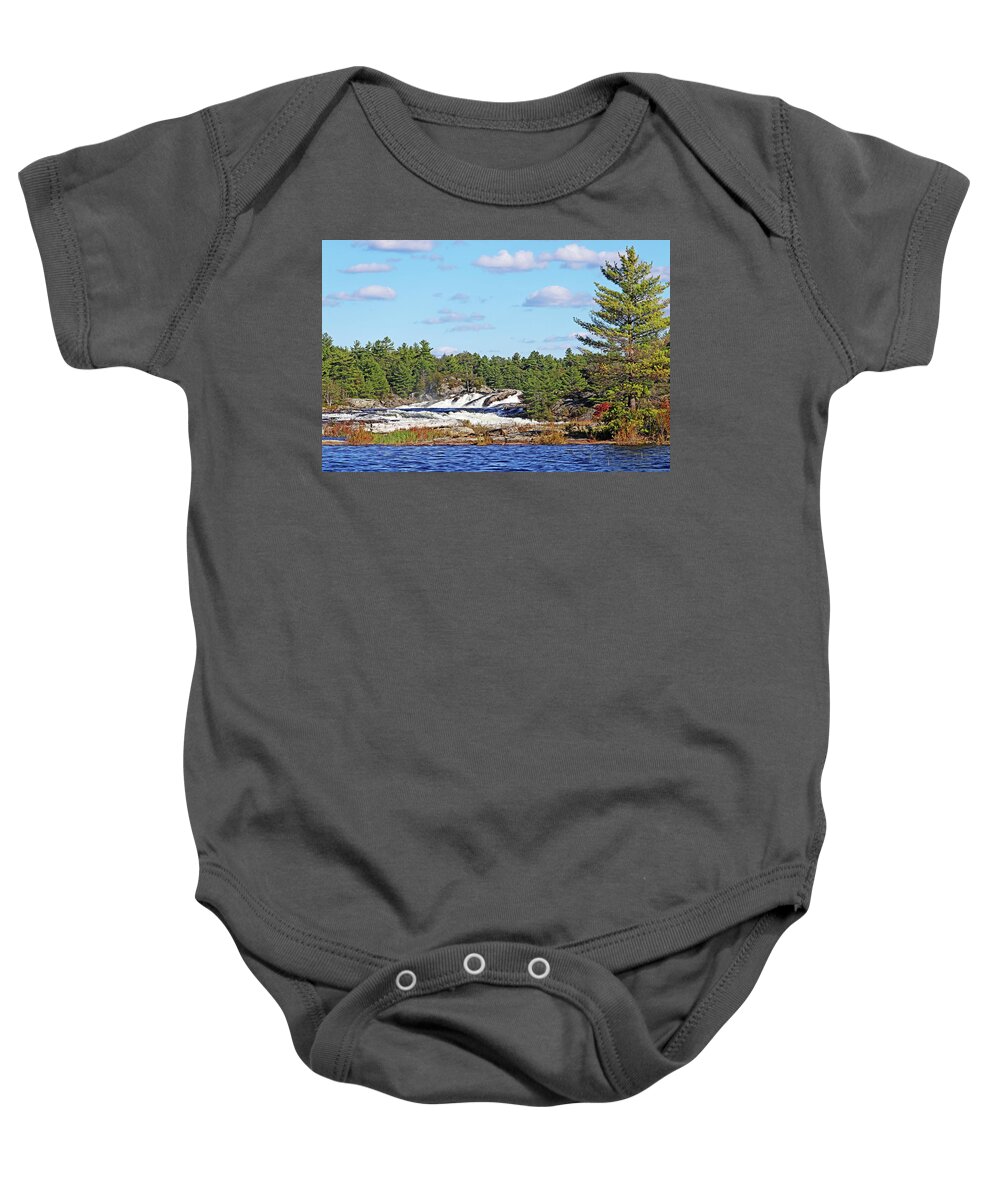 Waterfalls Baby Onesie featuring the photograph Moon River Waterfalls Surrounded By Pine by Debbie Oppermann