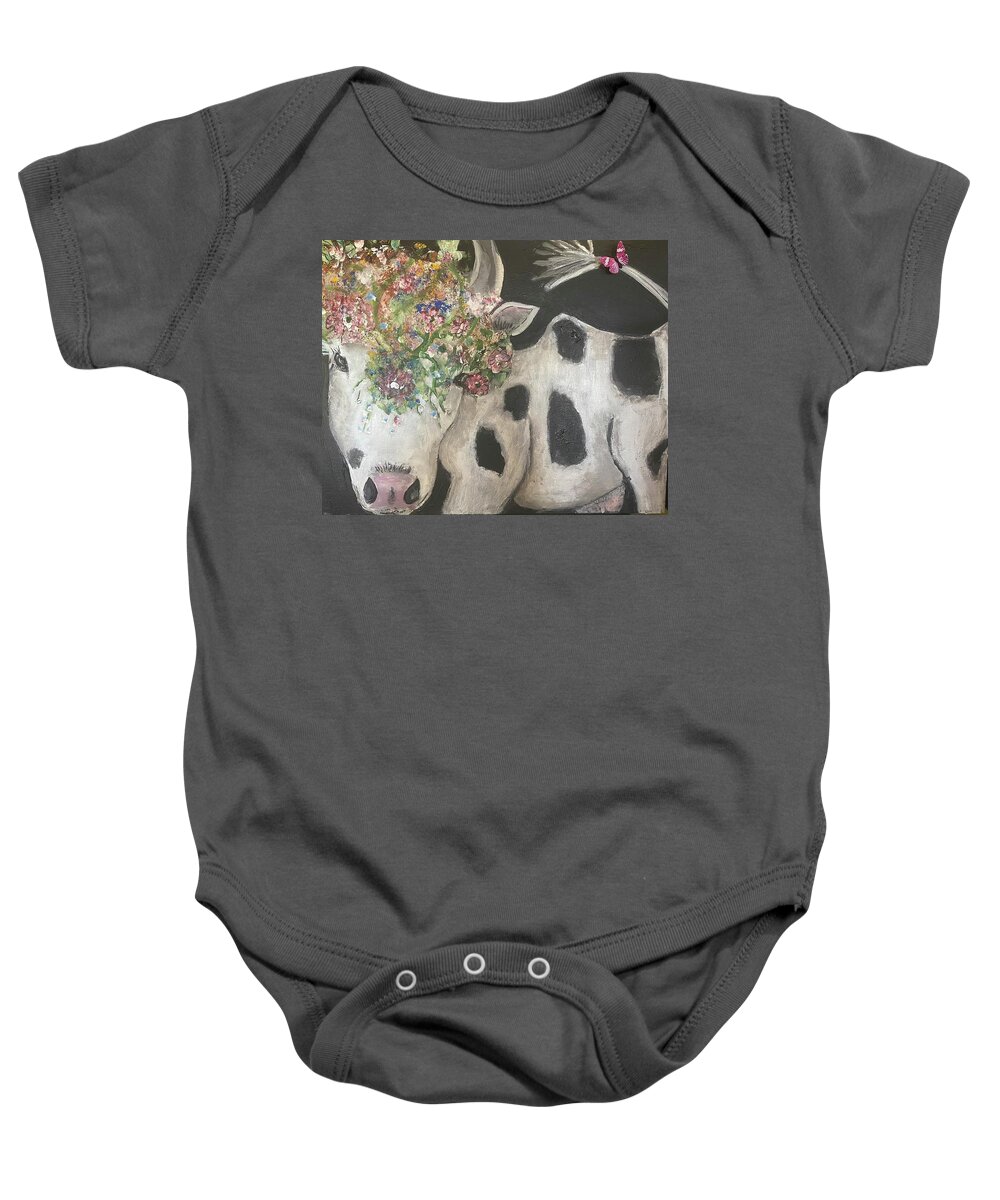 Cow Baby Onesie featuring the painting Moona Lisa by Kathy Bee