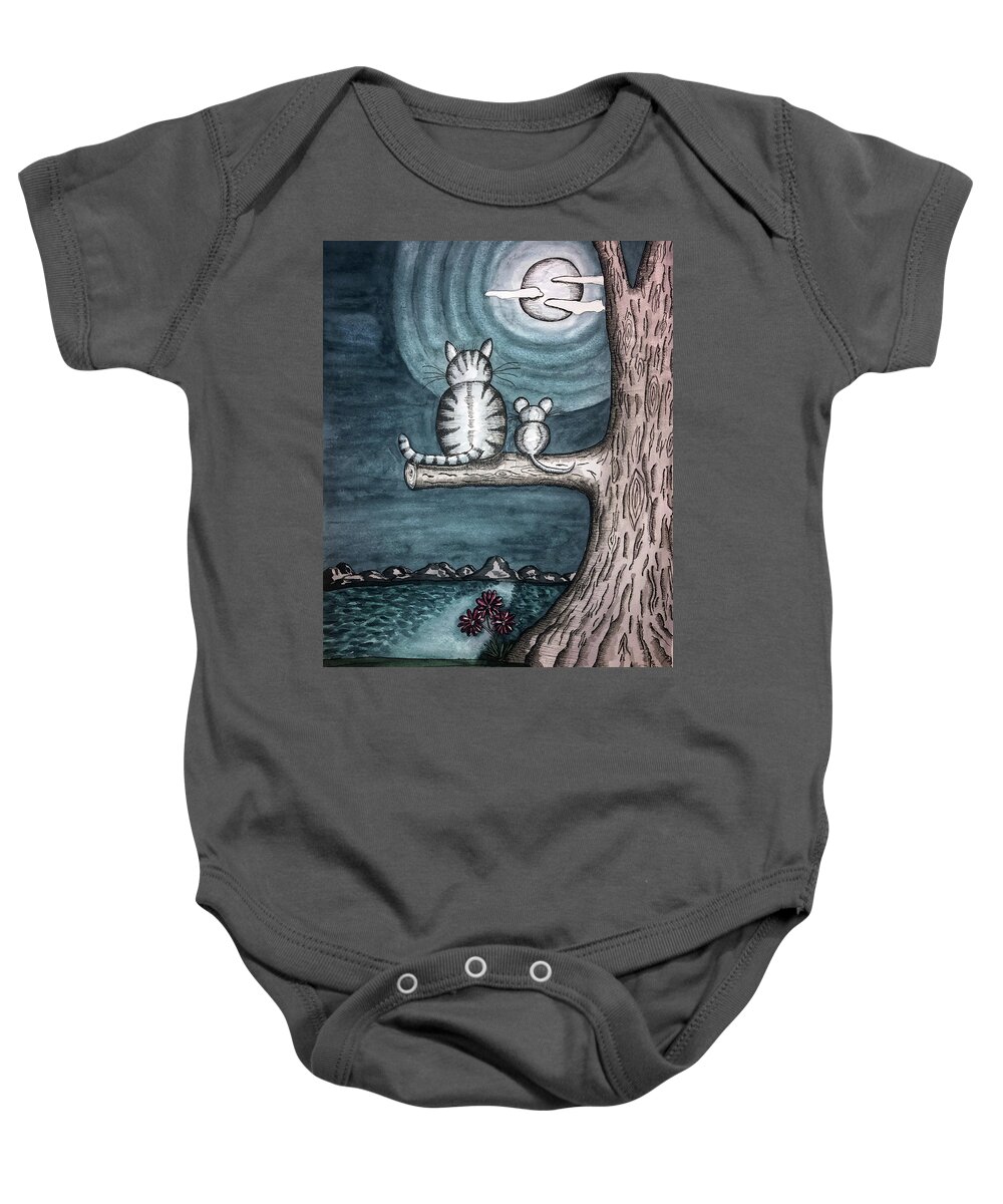 Landscape Baby Onesie featuring the painting Moonlight Cat and Mouse by Christina Wedberg