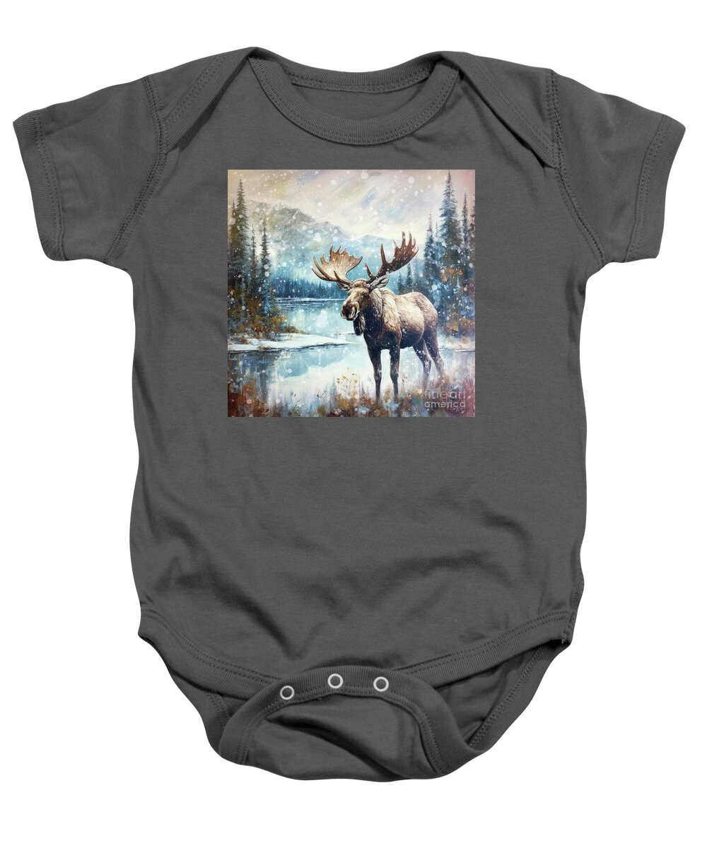 Moose Baby Onesie featuring the painting Moose In The Snowy Mountains by Tina LeCour