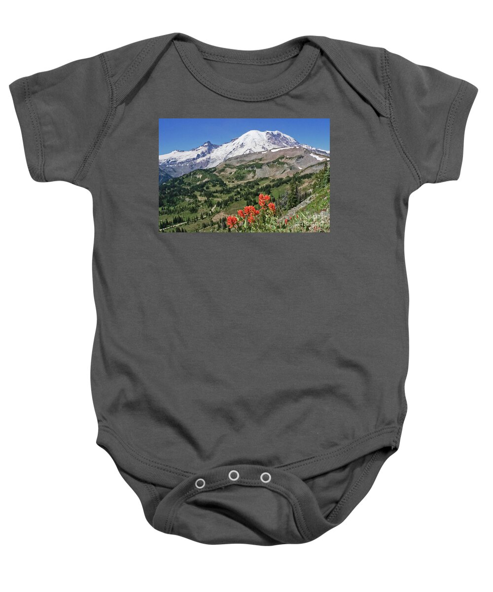 Castilleja Hispida Baby Onesie featuring the photograph Mount Rainier View with Paintbrush Wildflowers by Nancy Gleason