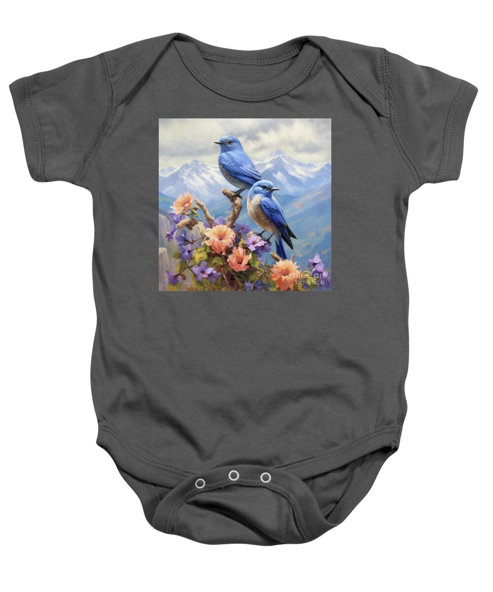 Mountain Bluebirds Baby Onesie featuring the painting Mountain Bluebirds by Tina LeCour