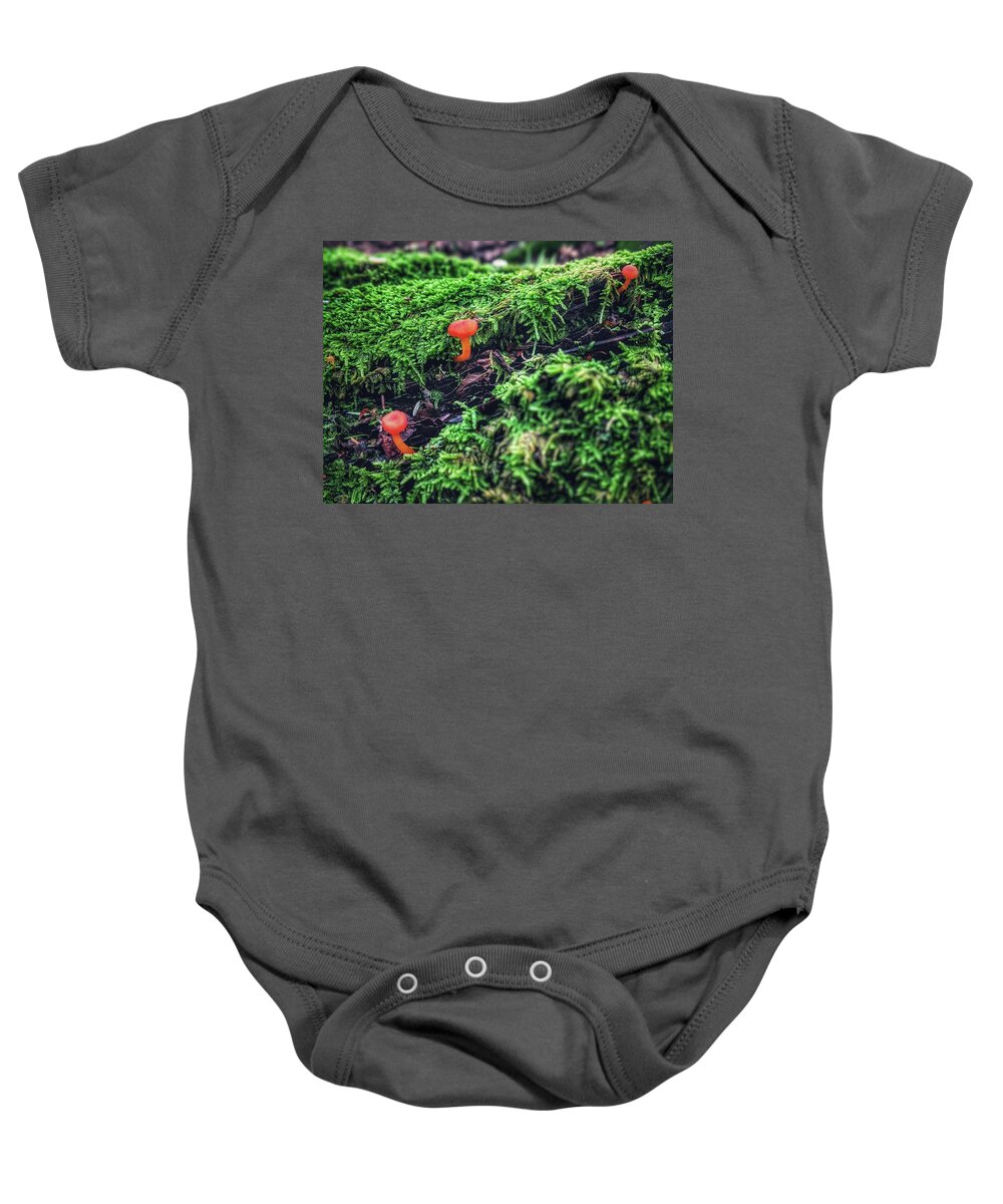 Moss Baby Onesie featuring the photograph Mushrooms in Moss by Evan Foster