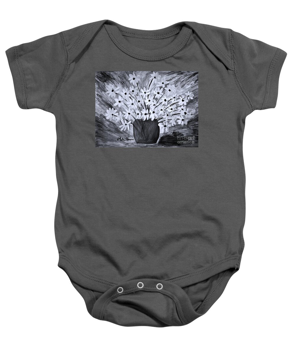 Daisy Baby Onesie featuring the painting My Daisies Black and White version by Ramona Matei