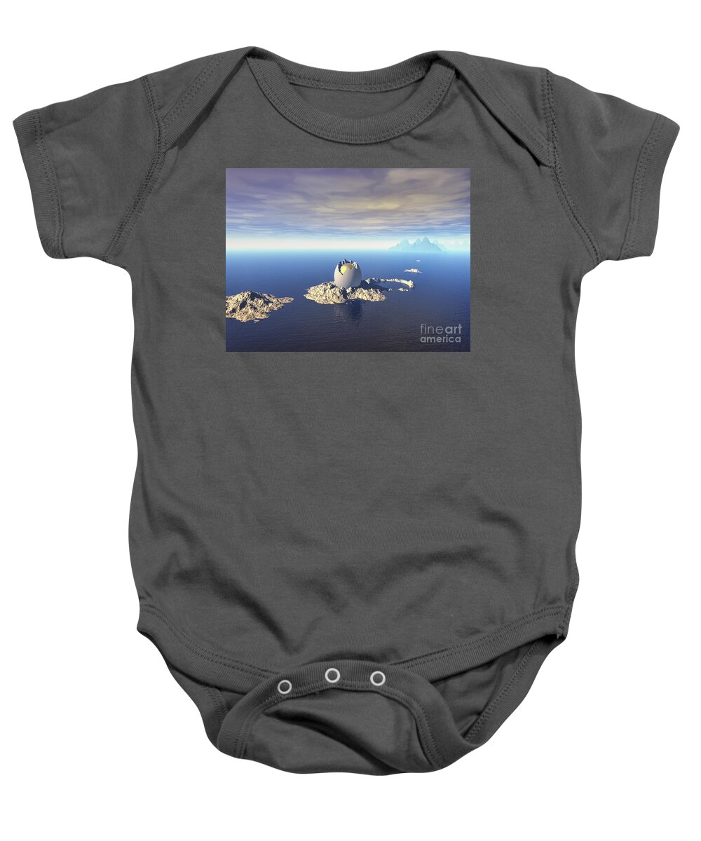 Island Baby Onesie featuring the digital art Mystery of Giant Egg At Sea by Phil Perkins
