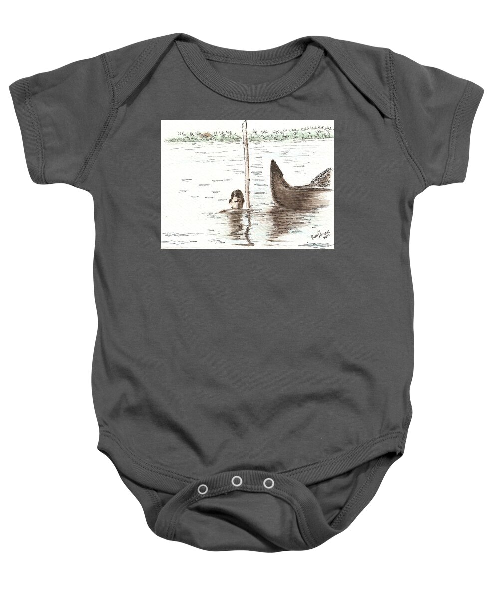 Watercolor Baby Onesie featuring the painting Native Mussel Fishing in South-East Asia by Remy Francis
