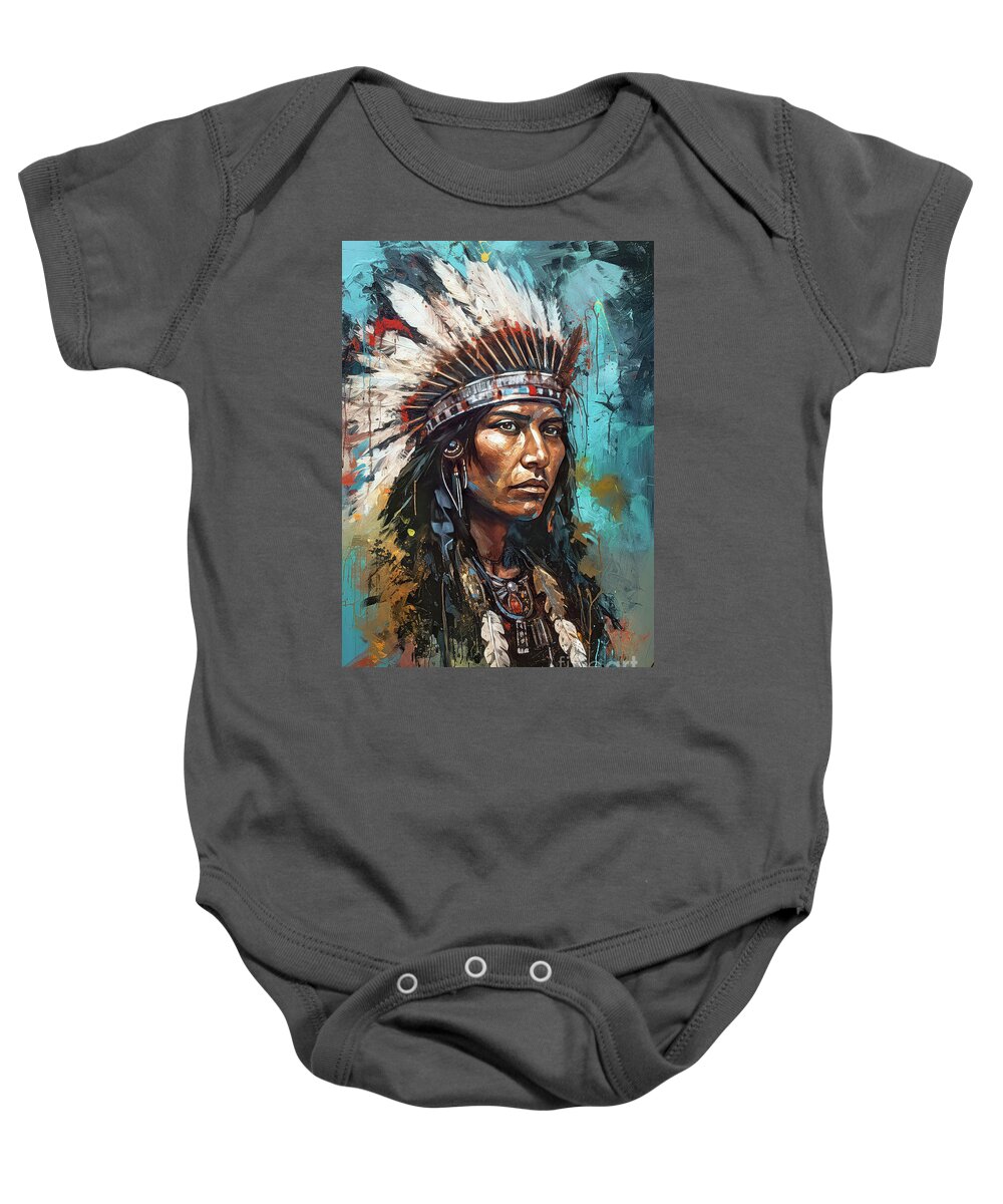 Native American Baby Onesie featuring the painting Native Warrior by Tina LeCour