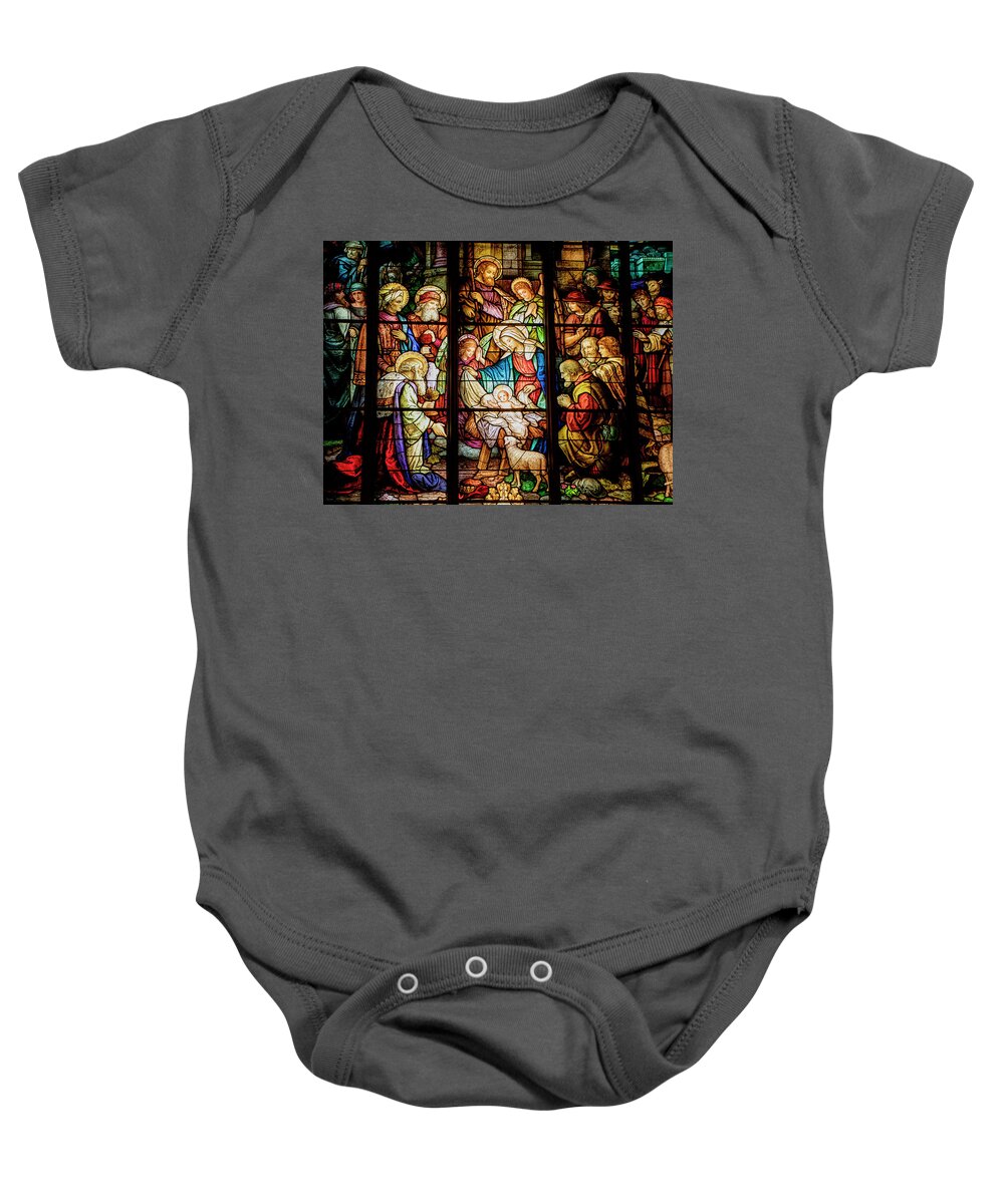 Baby Baby Onesie featuring the photograph Nativity Stained Glass by Teresa Wilson